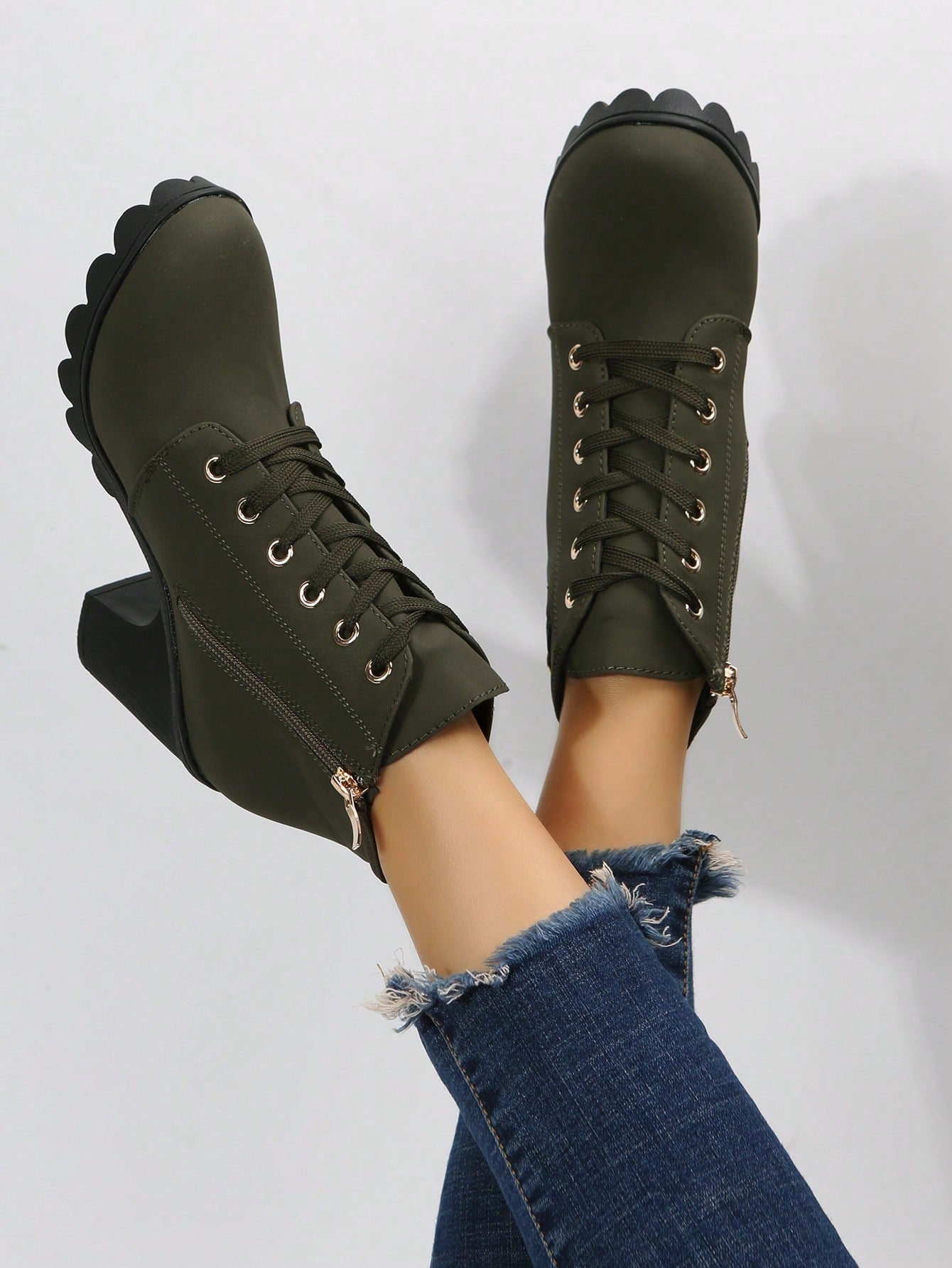 Women Ankle Boots And Short Boots, Green, With Laces, Side Zipper, High Heel, Chunky Heel