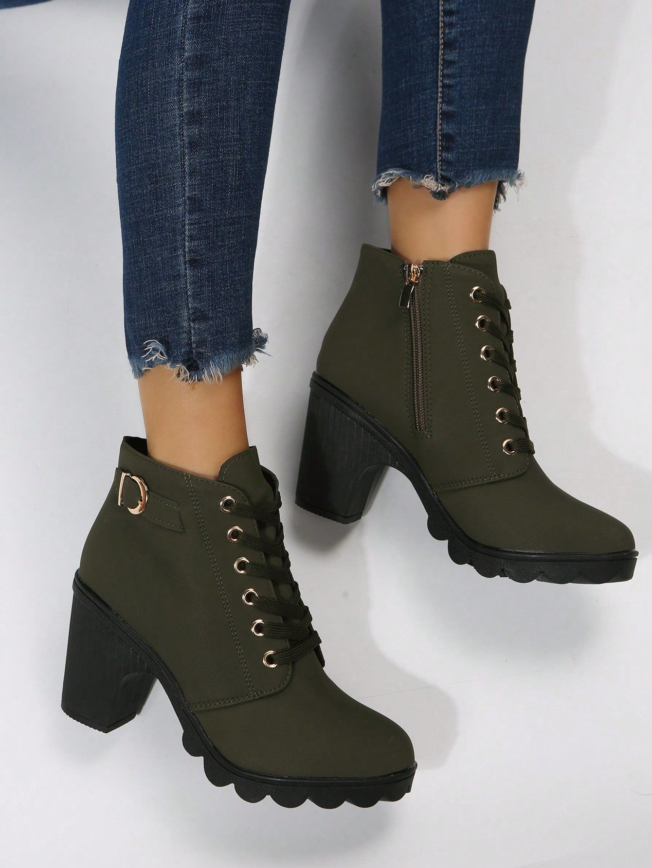 Women Ankle Boots And Short Boots, Green, With Laces, Side Zipper, High Heel, Chunky Heel