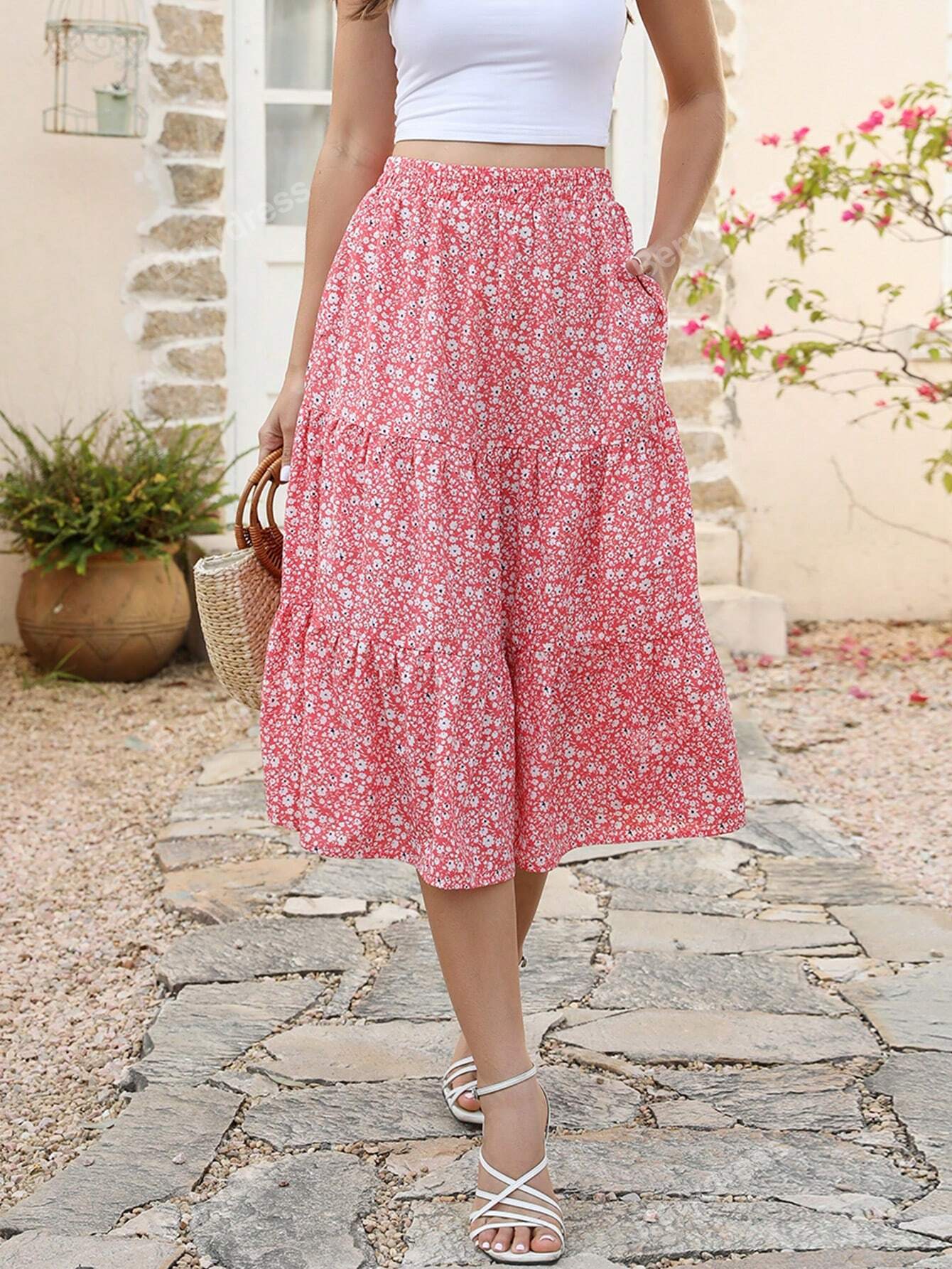 Women's Elastic Waist Layered Printed Mid-Length Casual Holiday Beach Skirt