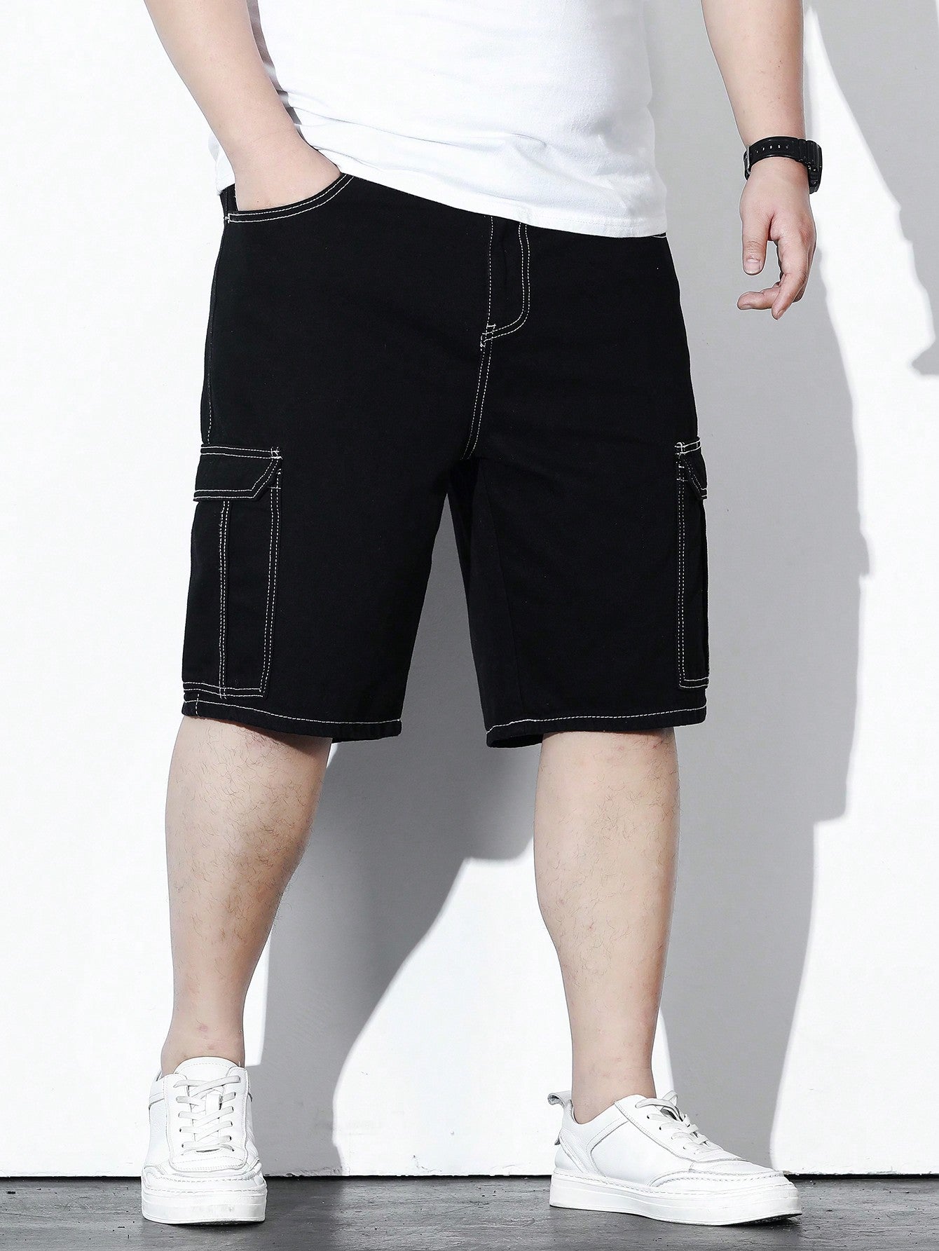 Men Plus Size Solid Color Denim Shorts With Pockets Baggy Cargo Plain Black Going Out Basic