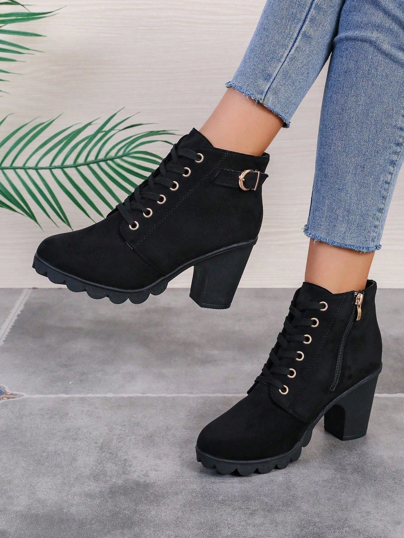 Women's Ankle Boots And Short Boots, Black, Lace-Up, Side Zipper, High Heels, Chunky Heels, PU Material