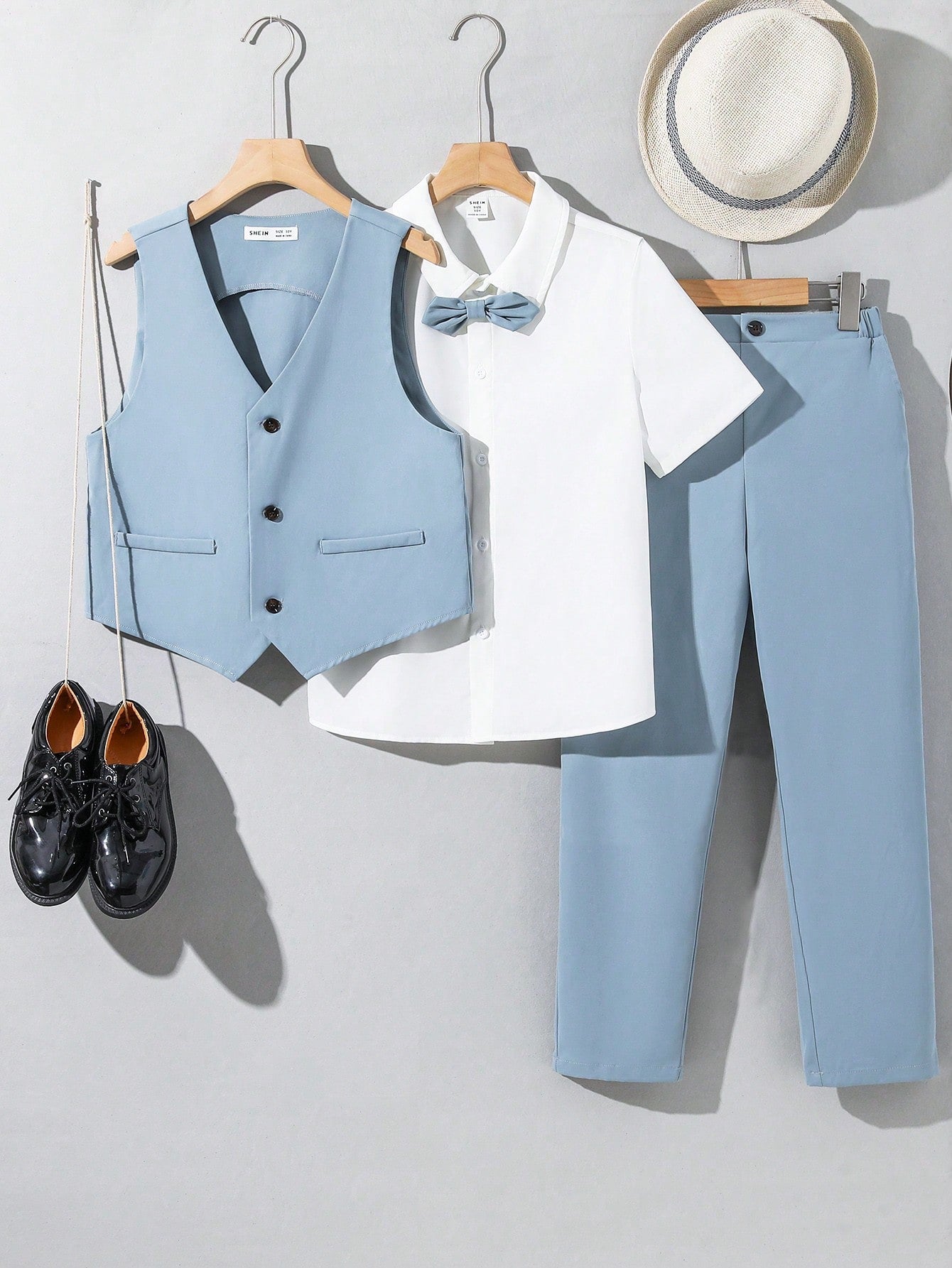 Tween Boys' Resort Academy Style Solid Color Short Sleeve Shirt, Gentleman Style Waistcoat And Trousers Woven 3pcs Suit, For Formal Occasions