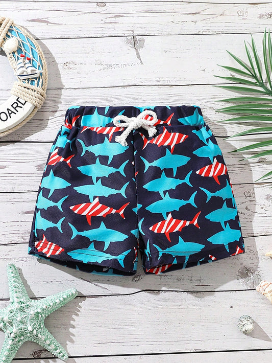 Young Boy Shark Print Square Cut Swim Trunks With Waist Tie