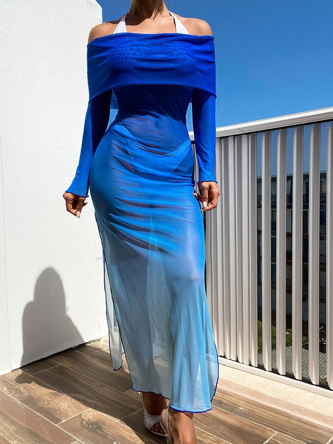 Swim Summer Beach Women Gradient Off Shoulder Beach Swimwear Cover Up Dress With Side Slits And Sheer Fabric