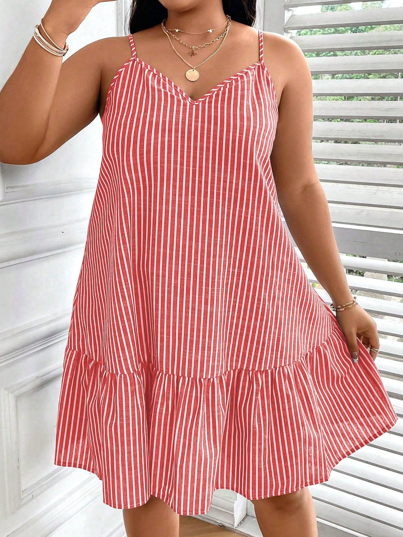 Plus Striped Print Ruffle Hem Cami Dress