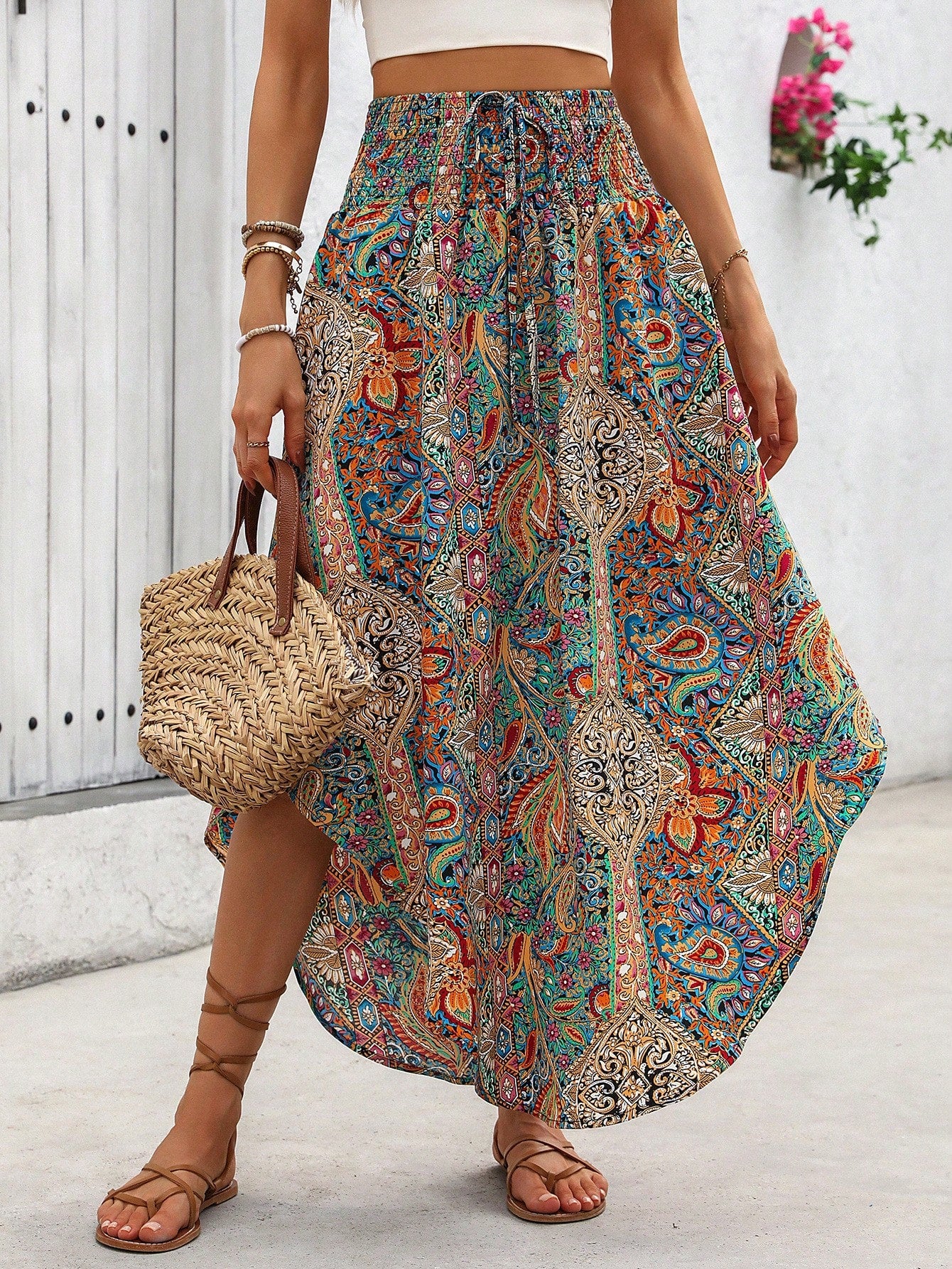 Holiday Random Paisley Print Curved Hem Skirt