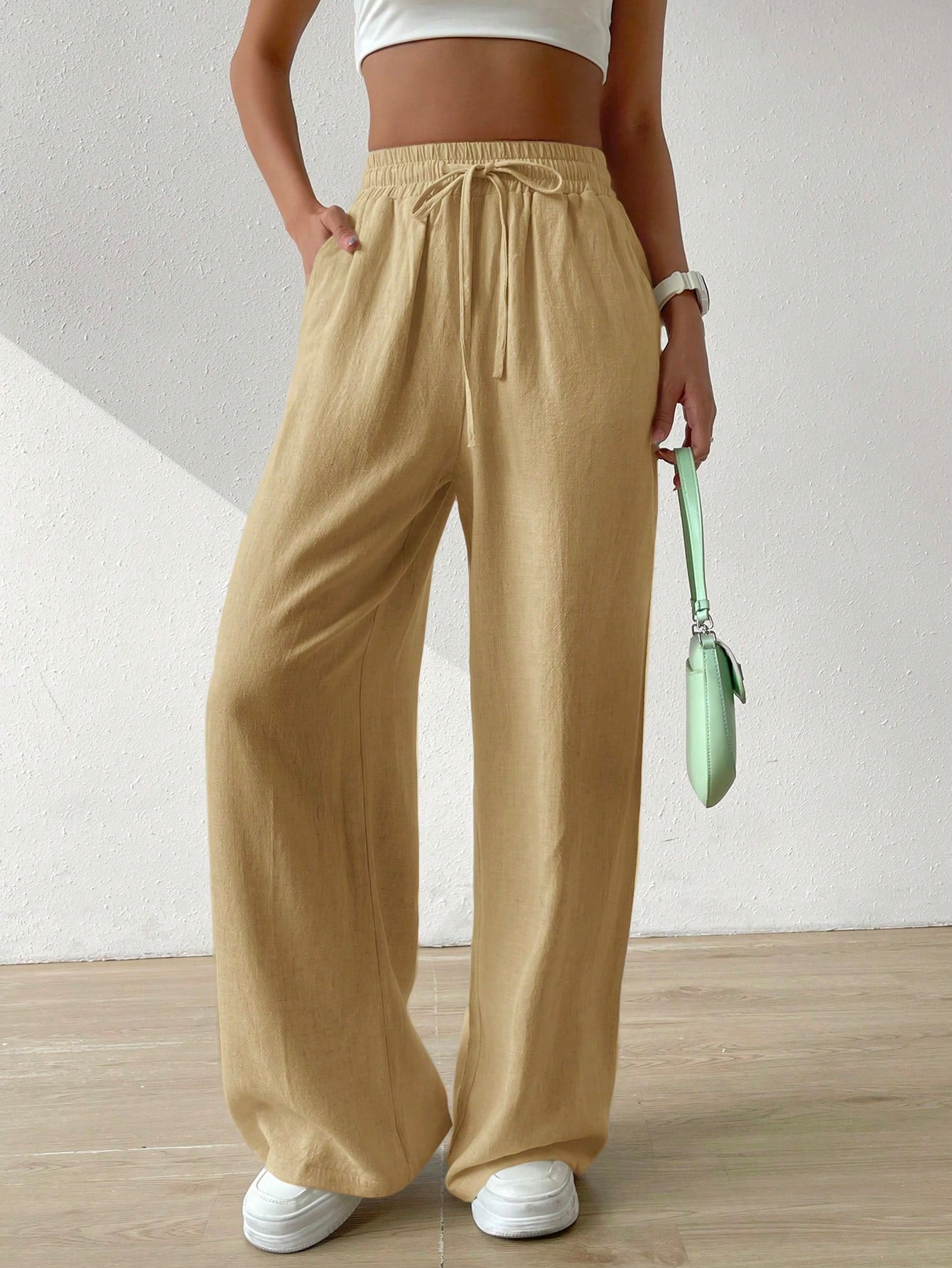 Women's Summer Solid Color Beige High Waist Drawstring Waist Linen Wide Leg Pants