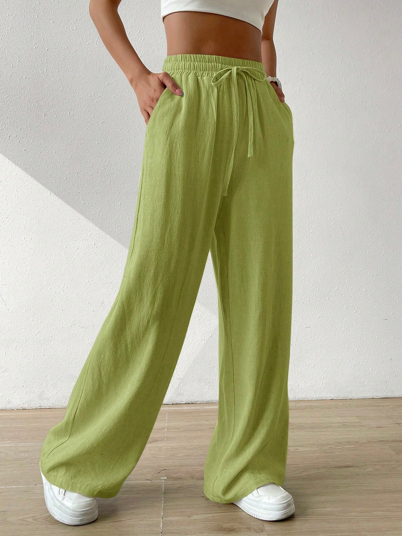 Women's Summer Solid Color Beige High Waist Drawstring Waist Linen Wide Leg Pants