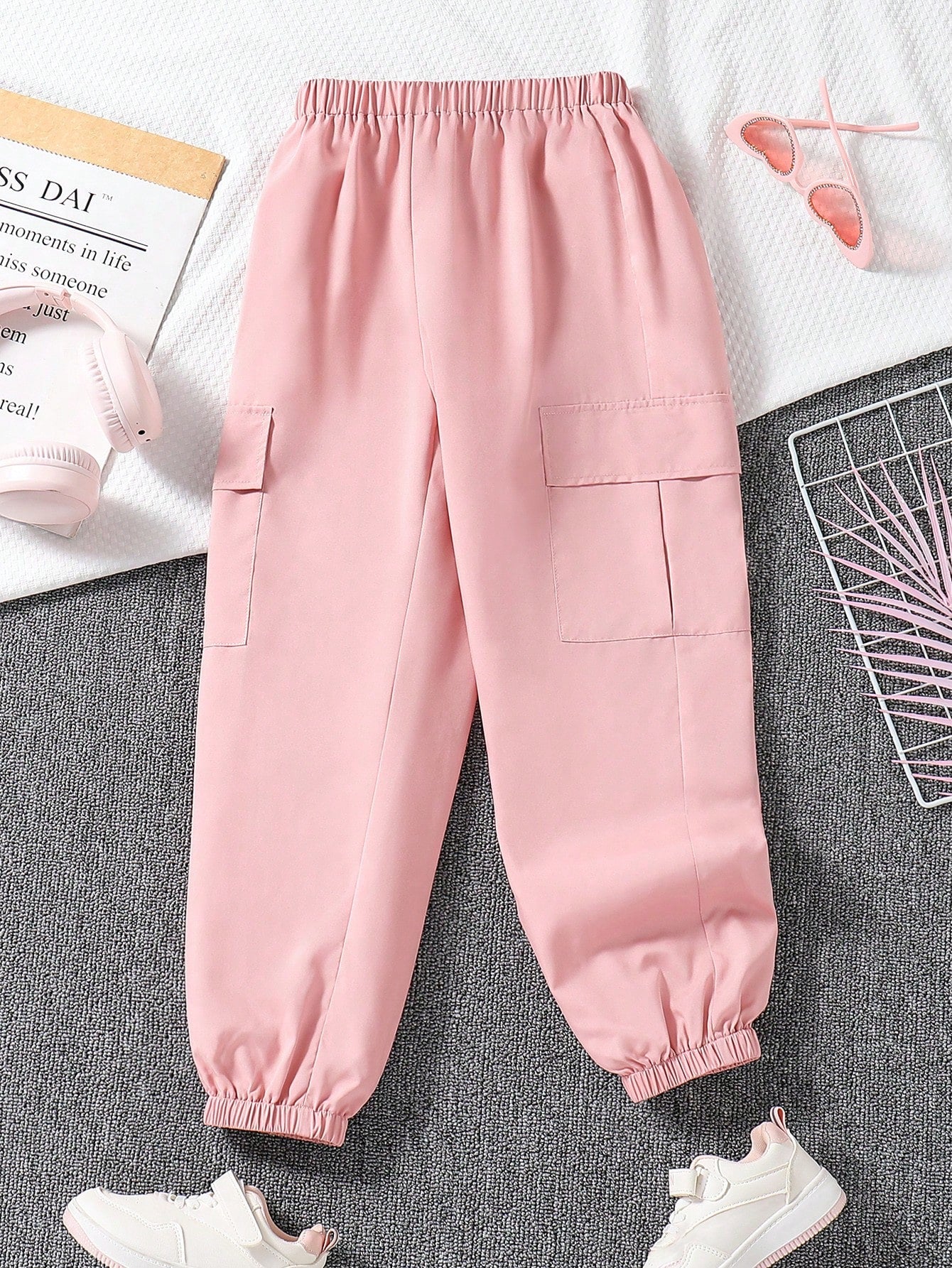 Tween Girl Summer Casual Sports Trousers, Solid Pink Streetwear Jogger Pants With Elastic Cuffs, All Season Wear