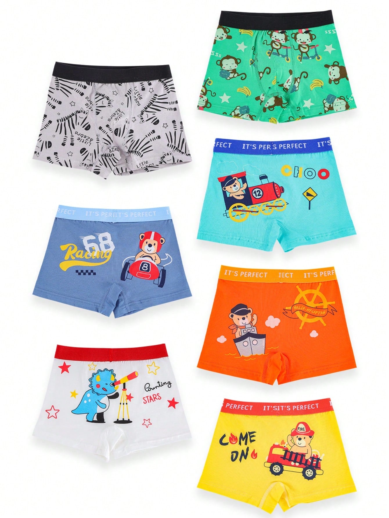 Young Boys' Underwear Set Of 7, Boxer Briefs With Cartoon Dinosaur And Excavator Prints, Color Block Waistband, Suitable For All Seasons