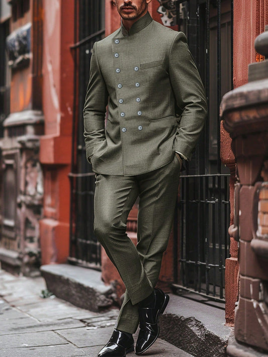 Men Spring And Autumn Stand Collar Double-Breasted Long Sleeve Suit Jacket And Pants Business Travel Suit