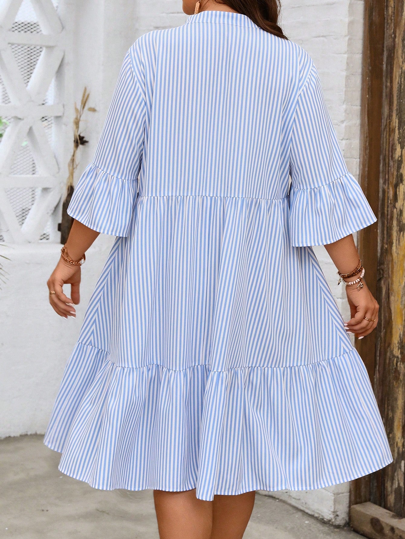 Plus Size Striped Simple Pleated Design Dress For Women