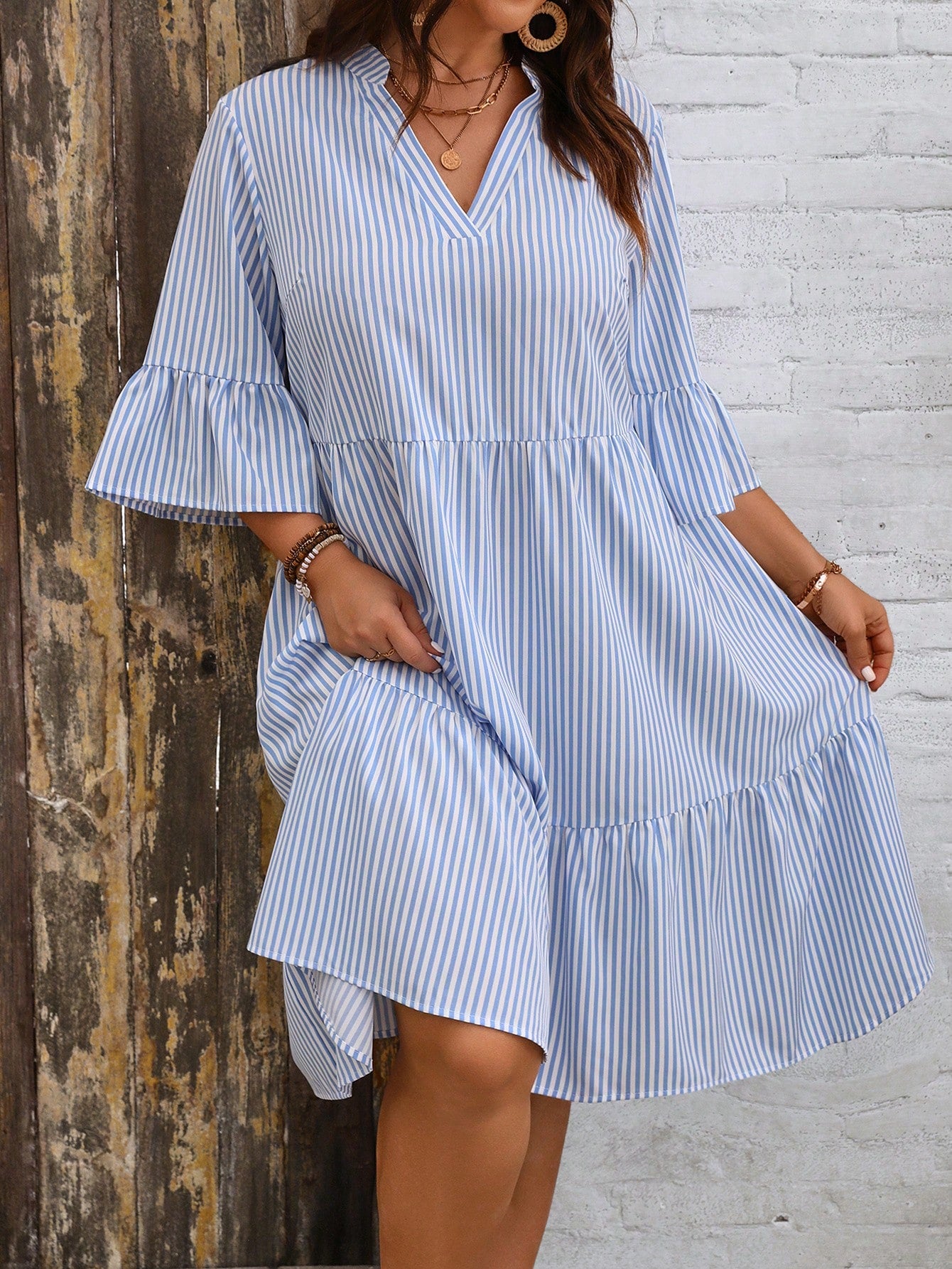 Plus Size Striped Simple Pleated Design Dress For Women