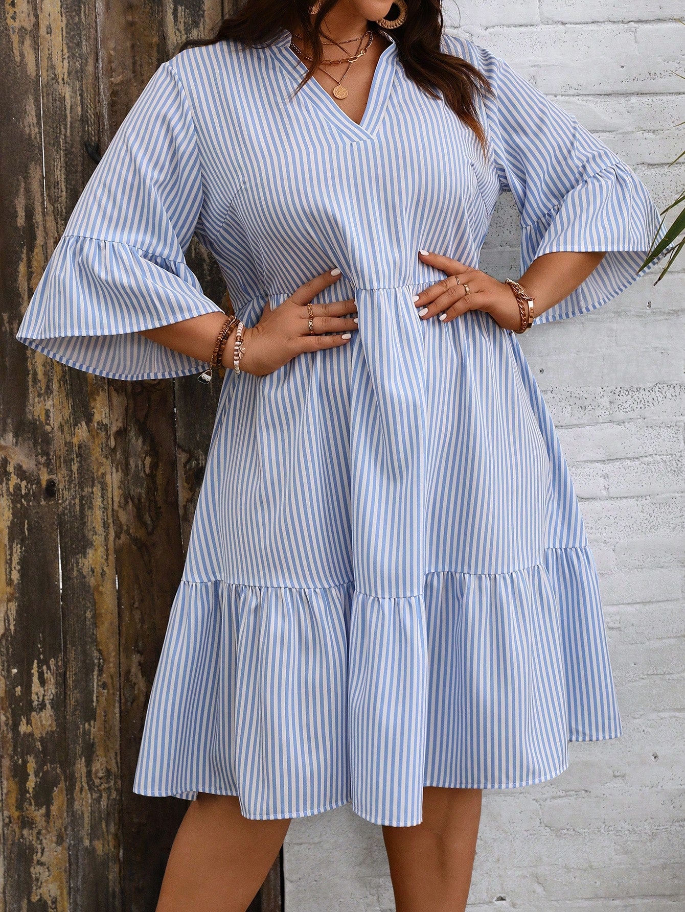 Plus Size Striped Simple Pleated Design Dress For Women