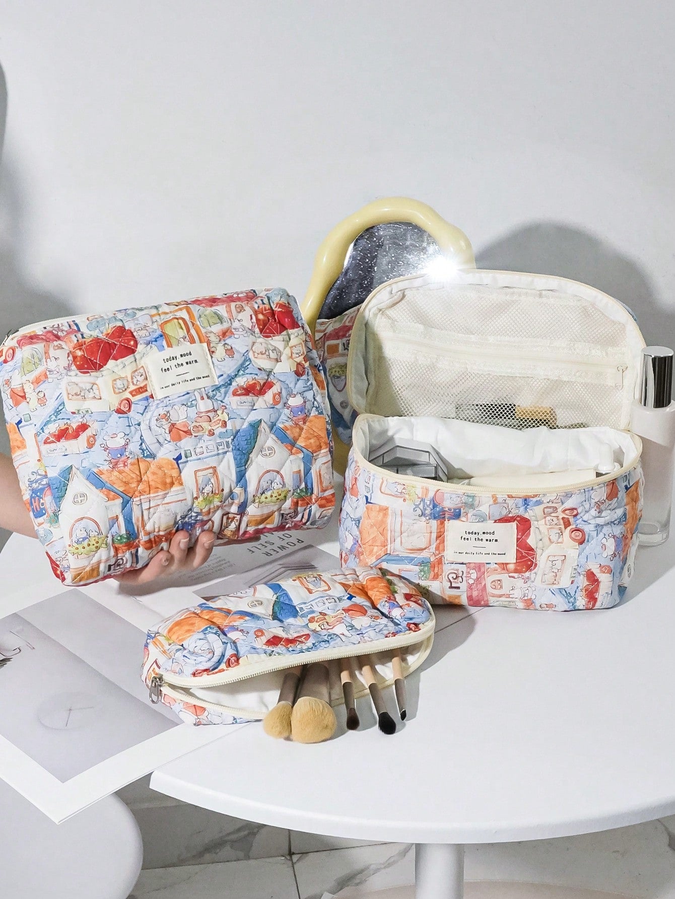 1pc/Set Casual Ladies' Large Capacity Handheld Floral Cosmetic Bag Portable Stitched Fabric Small/Medium/Large Cute Flower Ins Travel Bag, For Organizing Make-Up Tools And Toiletries, And For Casual Travel