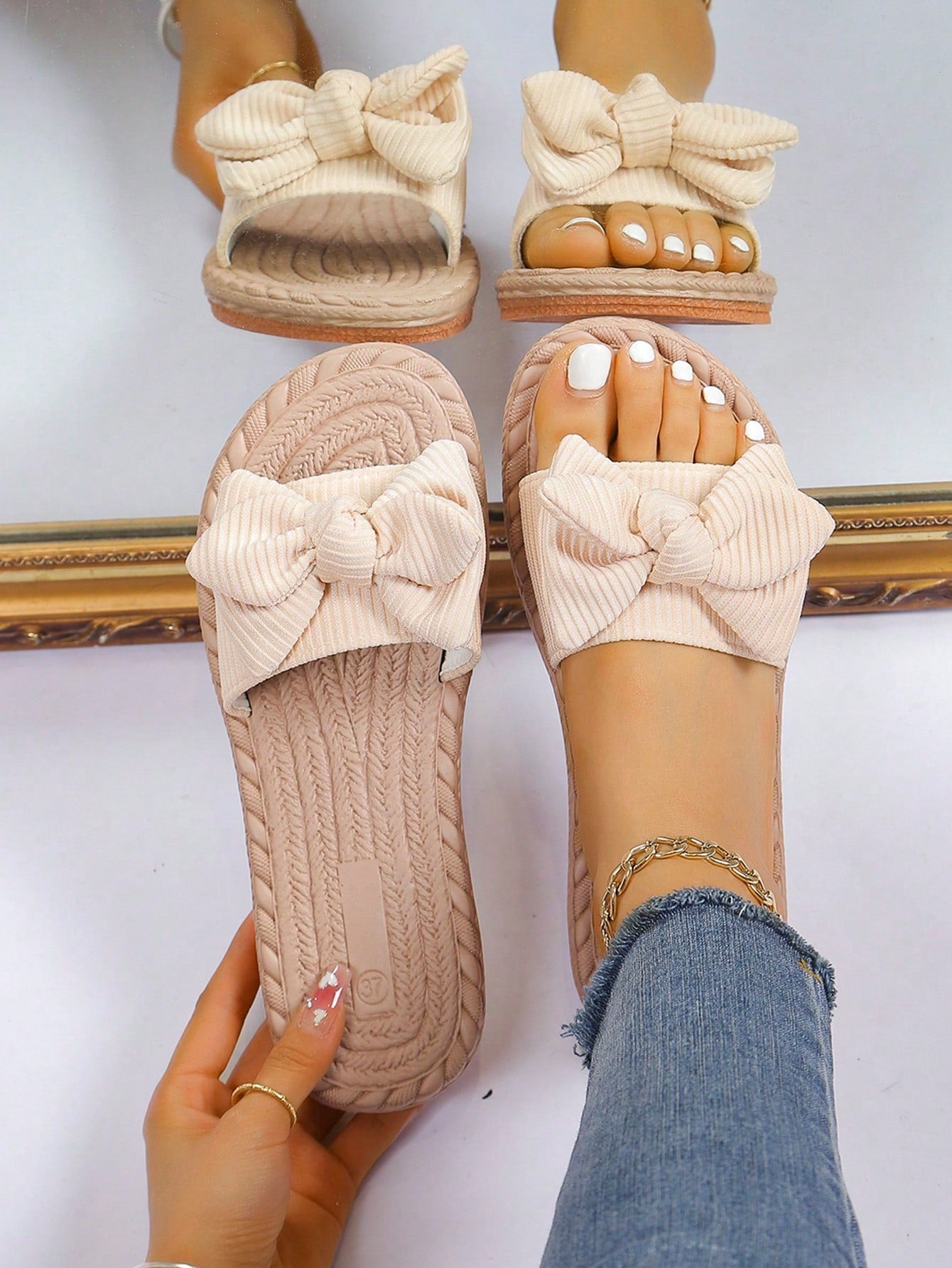 Cute Girl's Bow Striped Elements Pink Slippers, Popular Style For Casual Outing And Beach Time