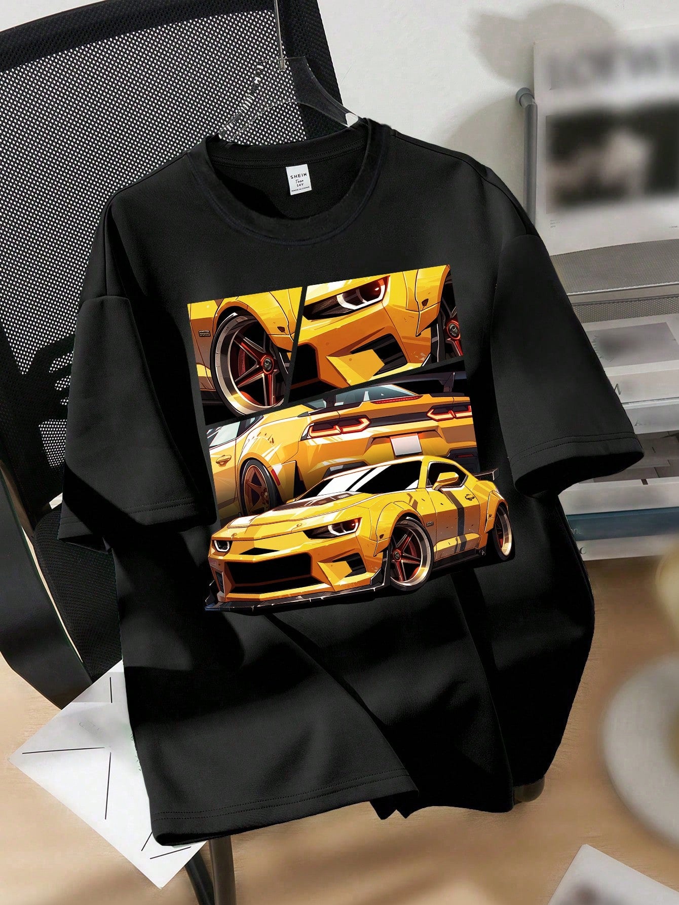 Tween Boy Yellow Sports Car, Casual Simple Cartoon Car Pattern Short Sleeve Round Neck T-Shirt, Suitable For Summer