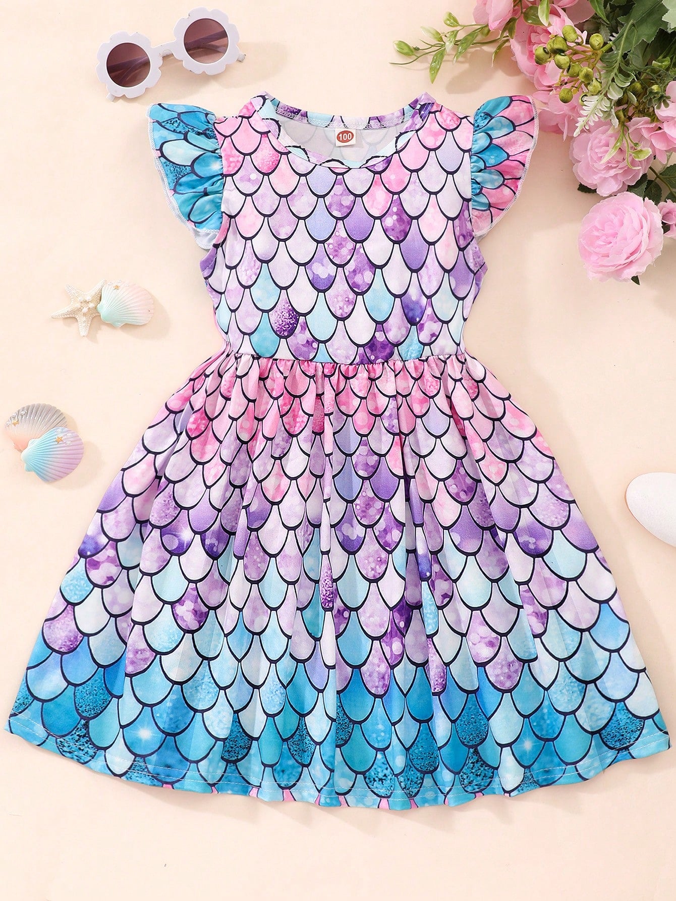 Young Girl Mermaid Scale Printed Dress With Ruffle Trim Decor