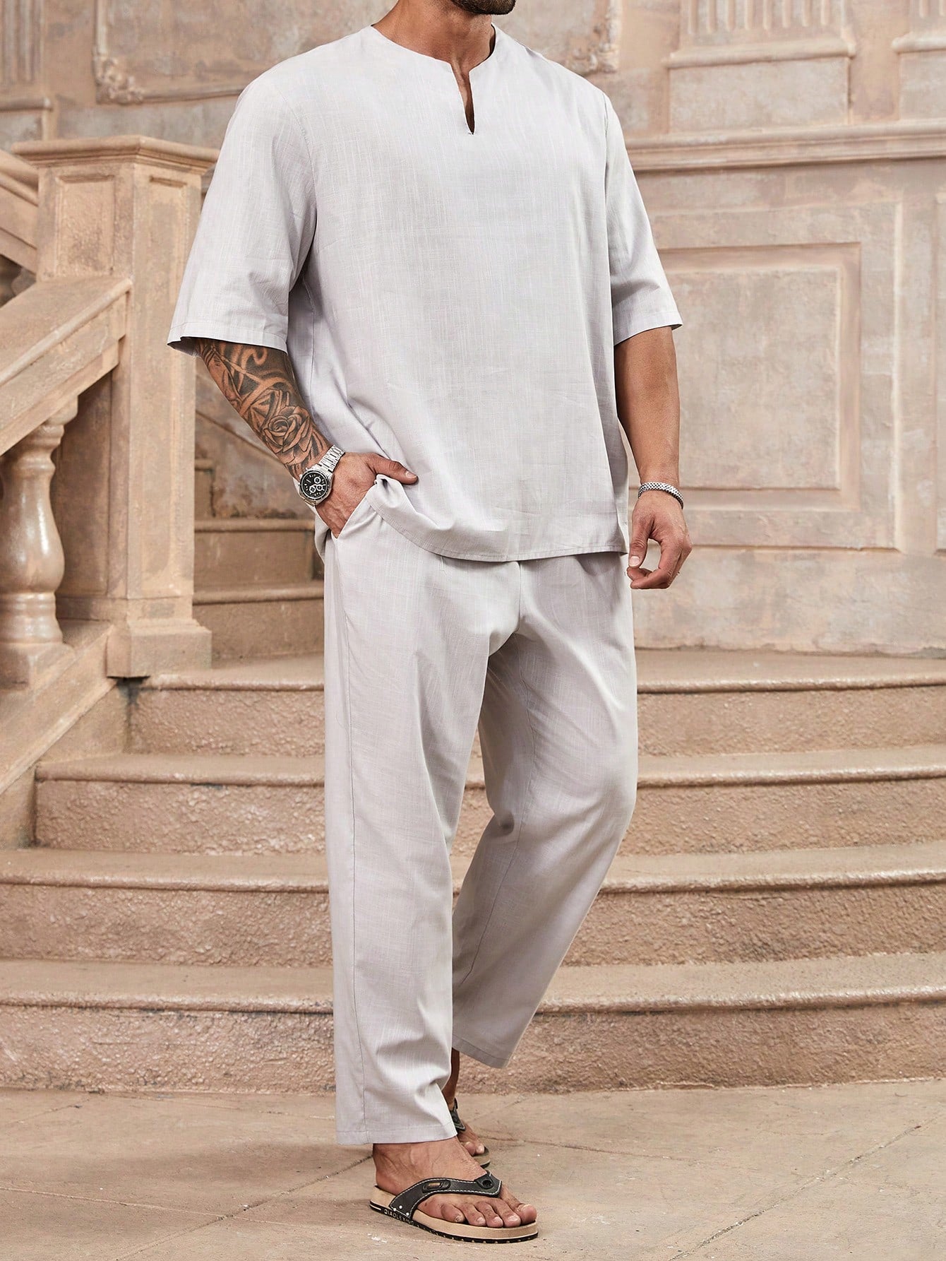 Men's Plus Size Solid Color Notched Collar Short Sleeve Shirt And Pocketed Long Pants Summer Casual Outfit