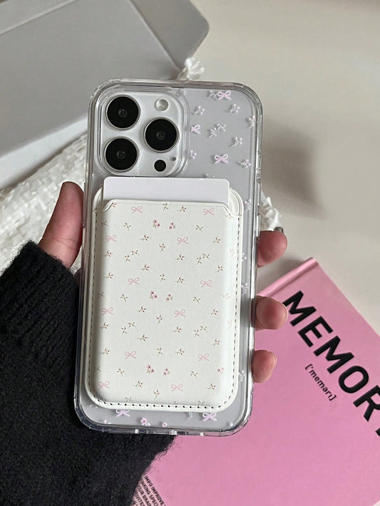 2PCS Cute Clear Floral Cherry Bowknot Compatible With Magnetic Wireless Charge Phone Case Compatible With IPhone 15 14 13 12 11 Pro Max Cases Card Holder Wallet Accessories Back Cover