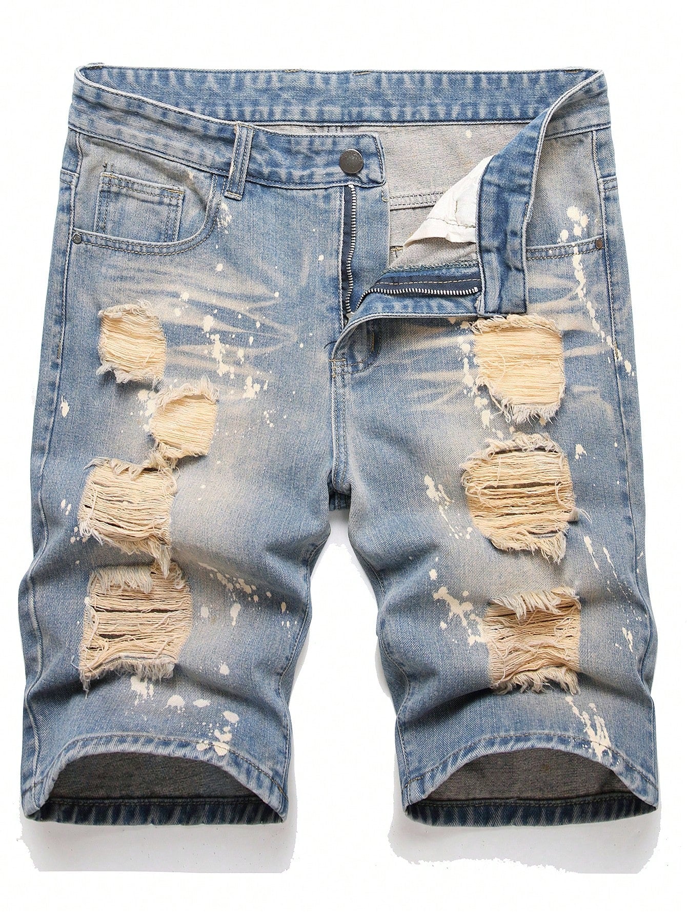 European And American Men Paint Splashed Ripped Denim Shorts