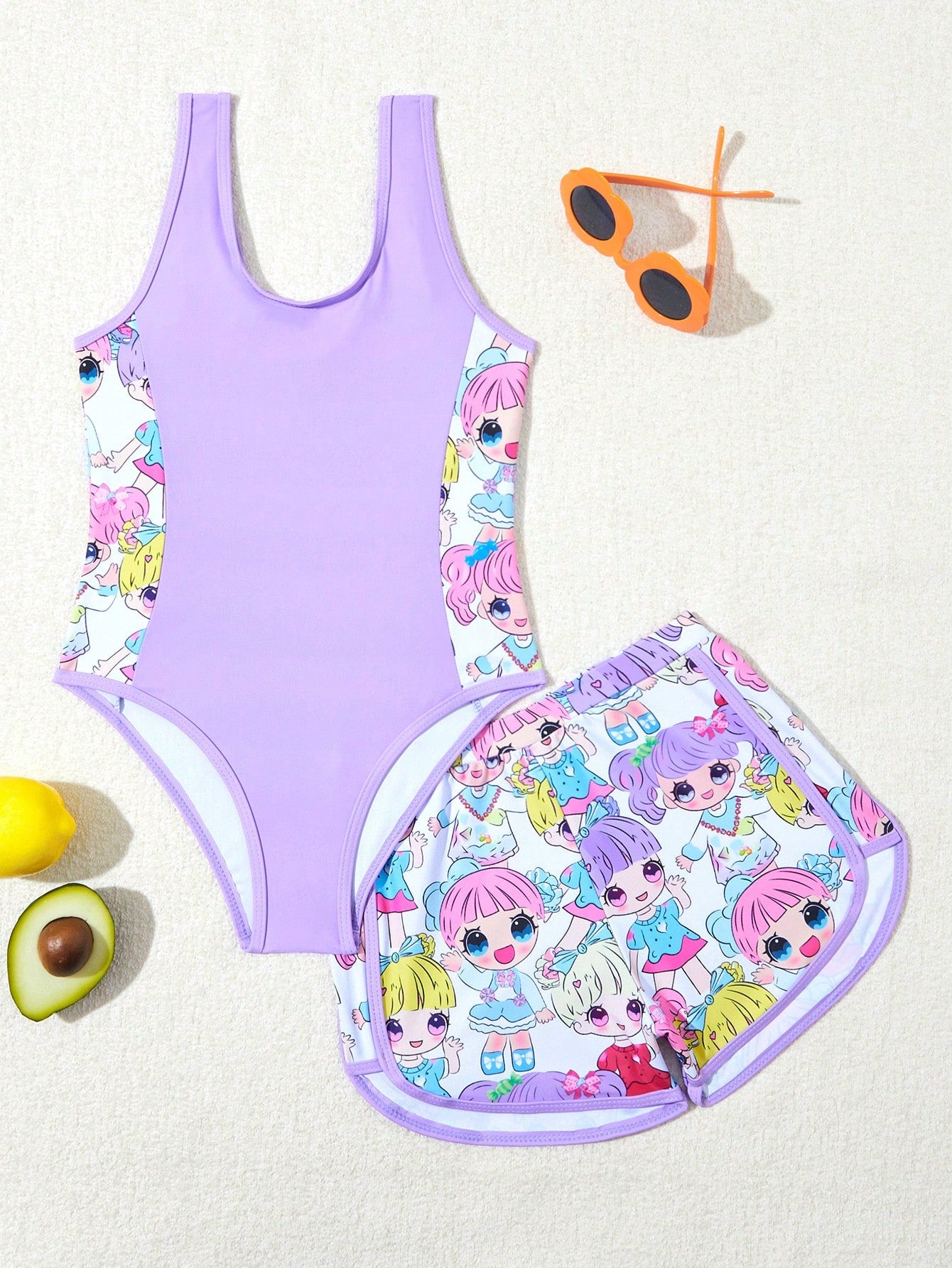 Tween Girl Summer Beach New Arrival Fashionable Purple One-Piece Swimsuit With High Waist Shorts