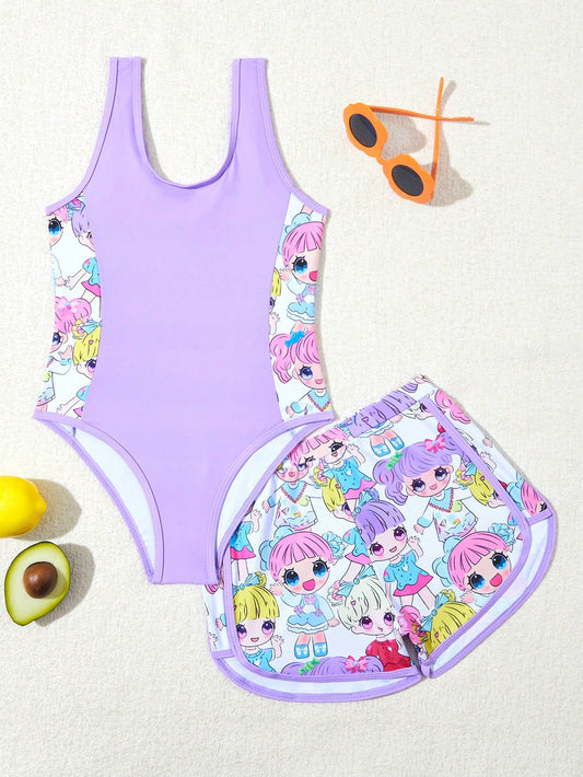 Tween Girl Summer Beach New Arrival Fashionable Purple One-Piece Swimsuit With High Waist Shorts