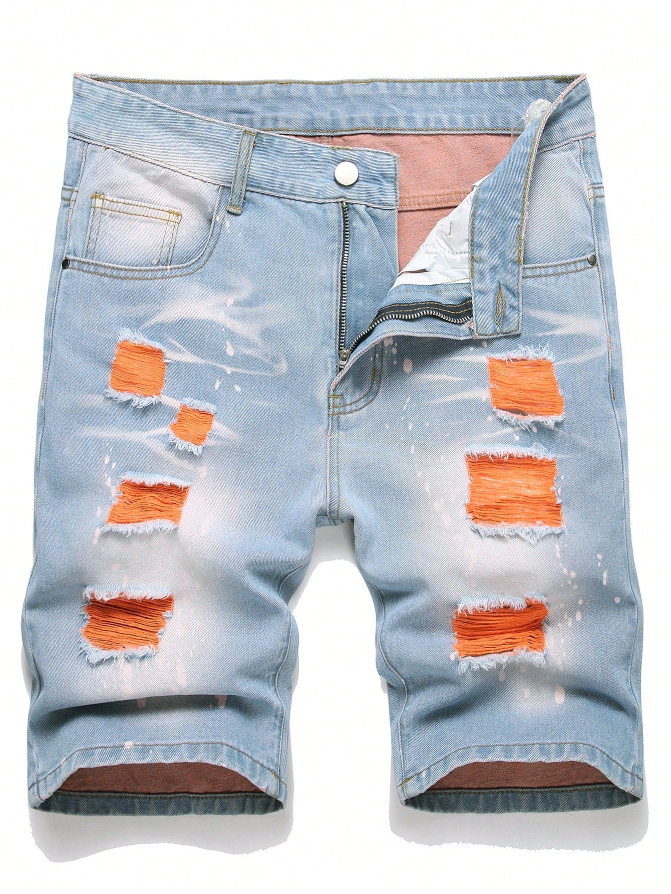 European And American Men Paint Splashed Ripped Denim Shorts