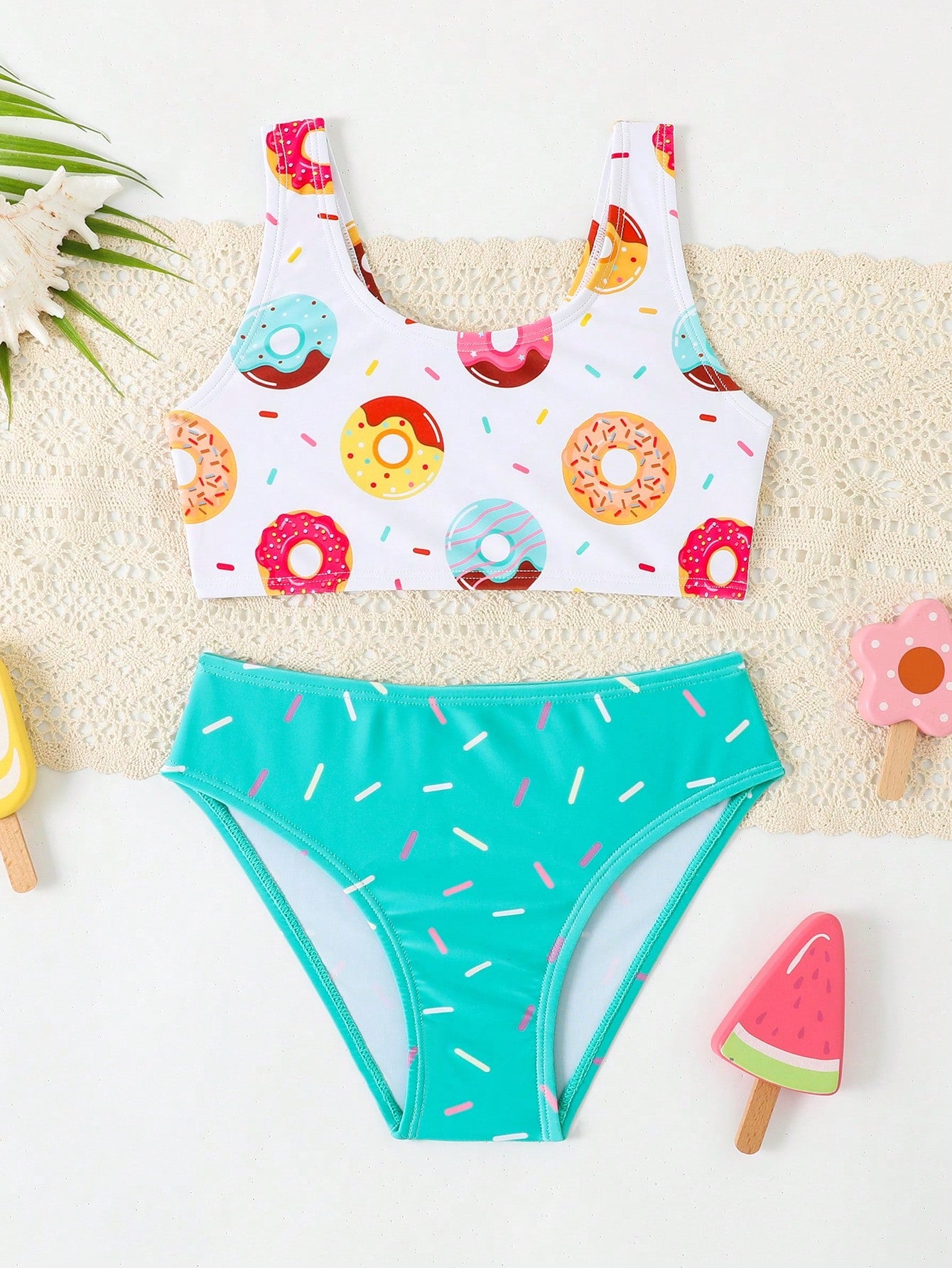 Young Girl Donuts Print Bikini Set Summer Beach