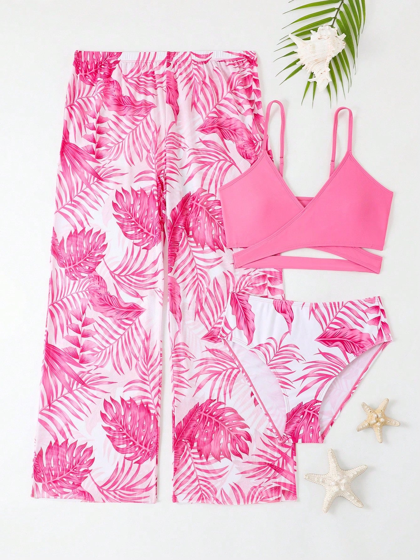 Tween Girl Tropical Print Criss Cross Bikini Set & Cover Up Pants Summer Beach