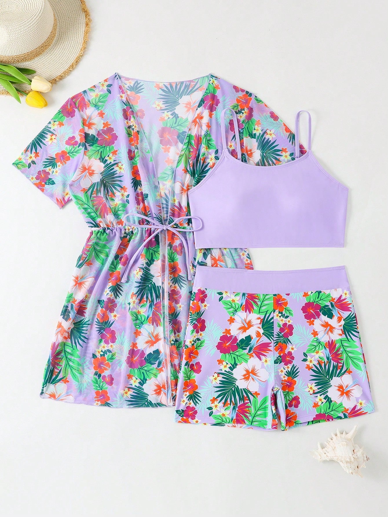 Teen Girl Tropical Print Bikini Sets With Kimono