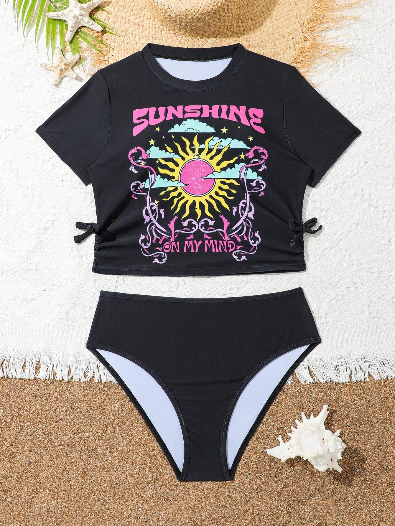 Teen Girl Vacation Letters And Sunscreen Print Round Neck Short Sleeve Top And Triangle Tankini Set