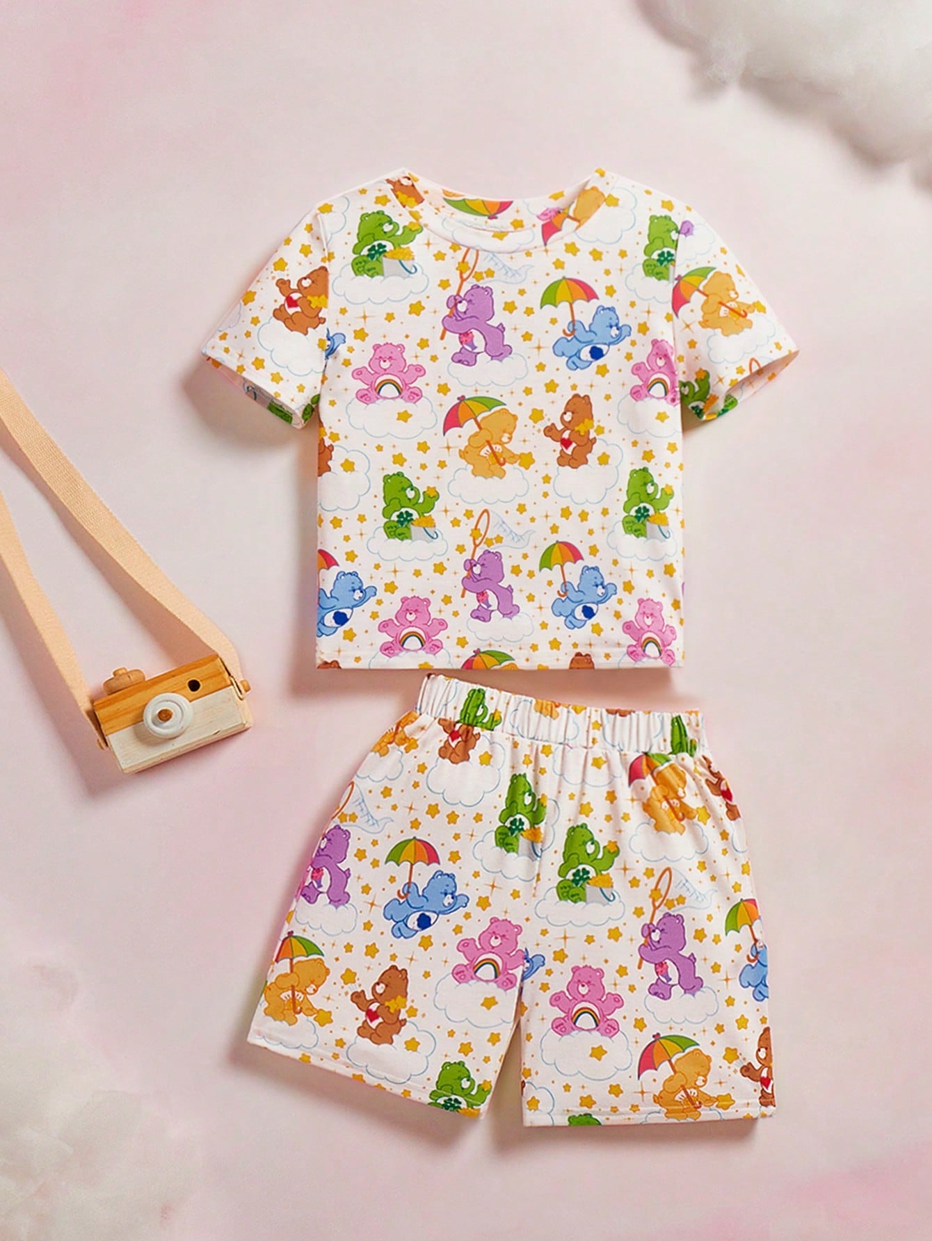 Young Girl's Bear & Star Printed Knit Short Sleeve Top And Shorts Pajama Set