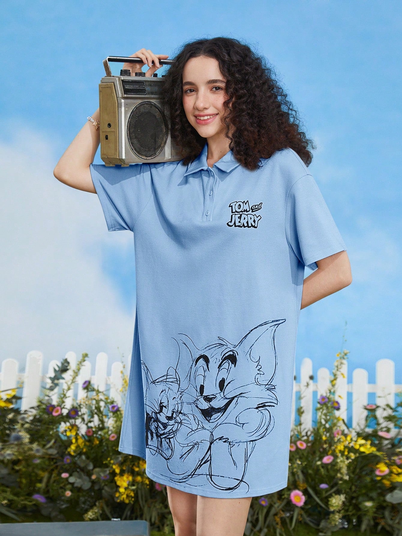 Letter & Cartoon Graphic Polo Neck Drop Shoulder Tee Dress