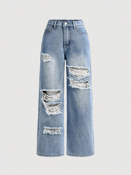 Tween Girl Y2K Vintage Washed Ripped Baggy Summer Denim Wide Leg Jeans With Slant Pocket,Girls Spring And Summer Bottom Outfits