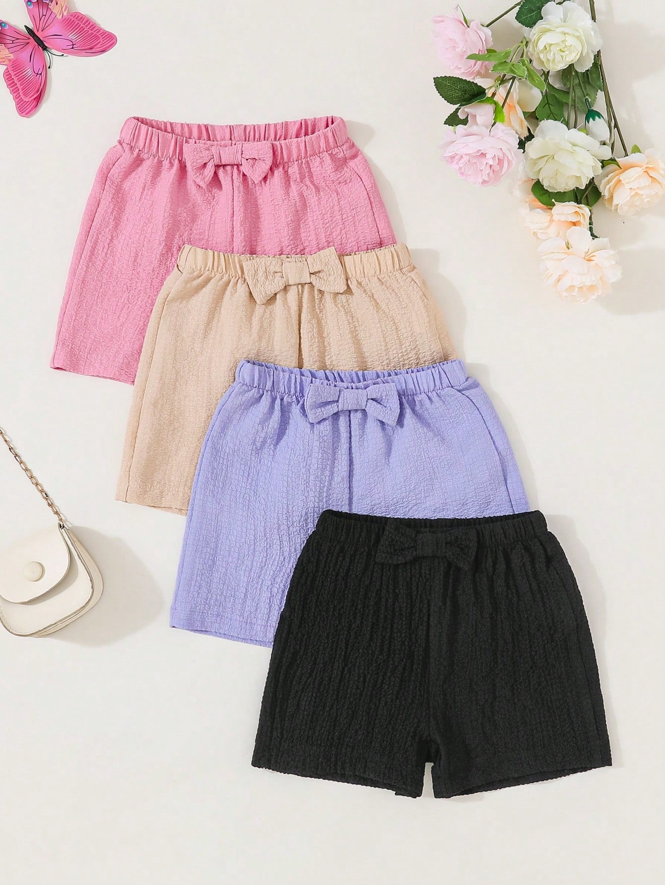 Young Girl 4pcs/Set Fashionable And Cute Bowknot Design Sports Shorts In Summer