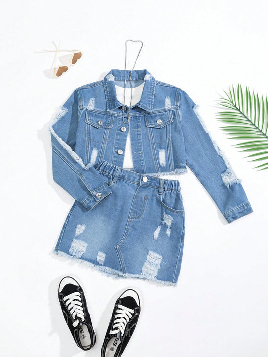 Tween Girl Washed Ripped Fashionable All-Match Denim Jacket And Denim Frayed Hem Skirt Set