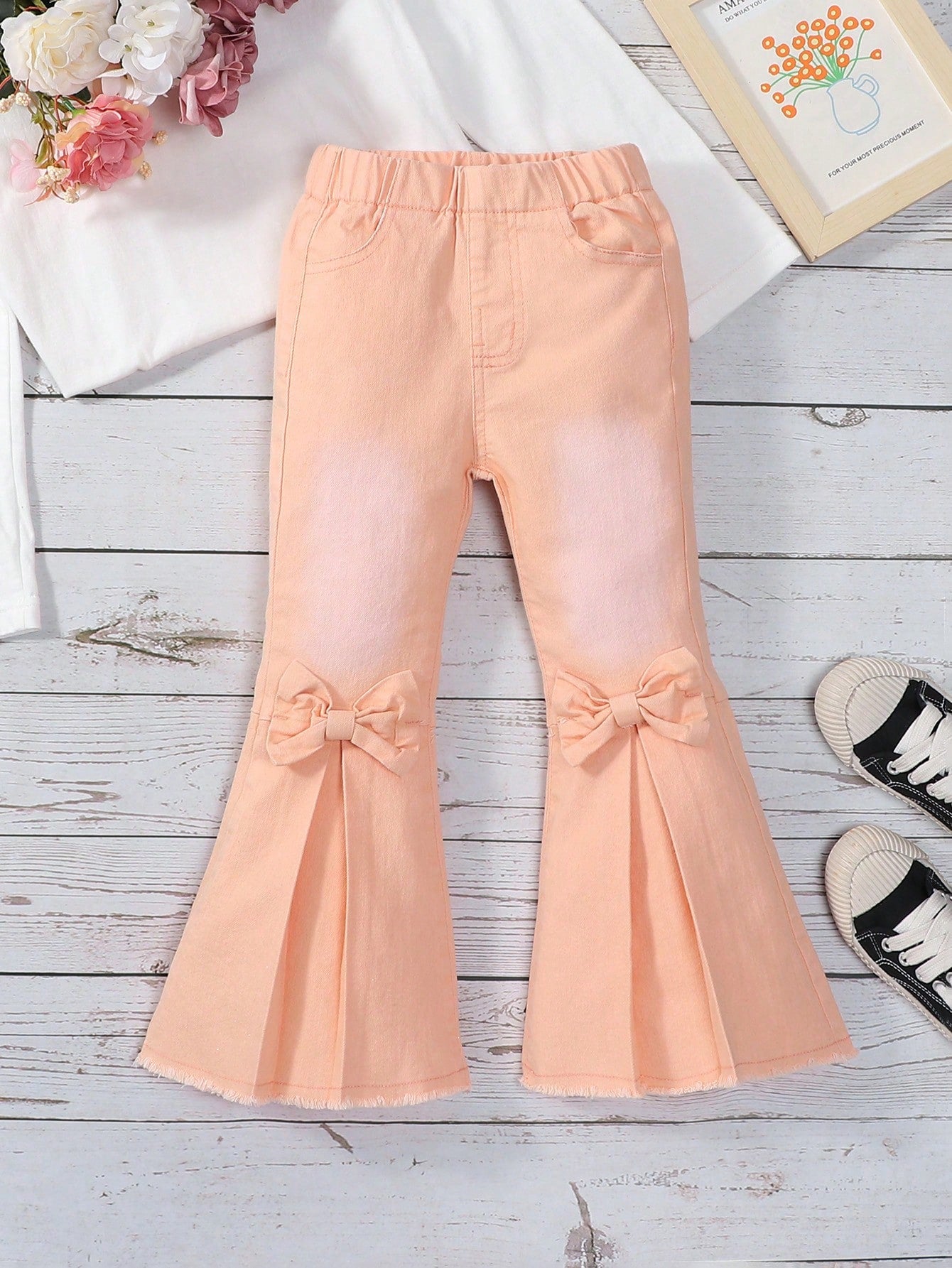 Young Girl Bow Front Fold Pleated Raw Hem Flare Leg Jeans