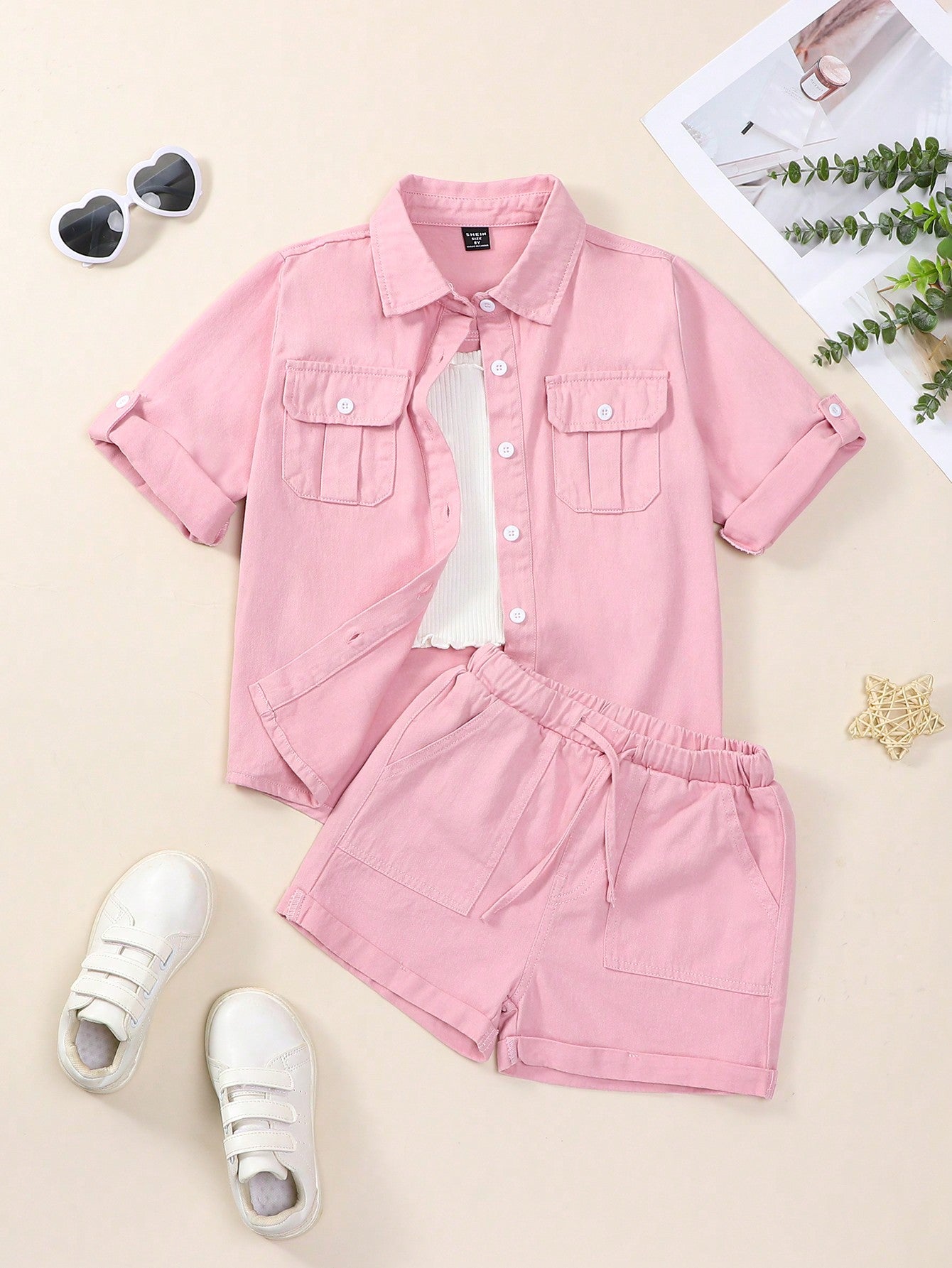 Kids Tween Girls' College Style Casual Loose Comfortable Soft Denim Top And Shorts 2pcs/Set