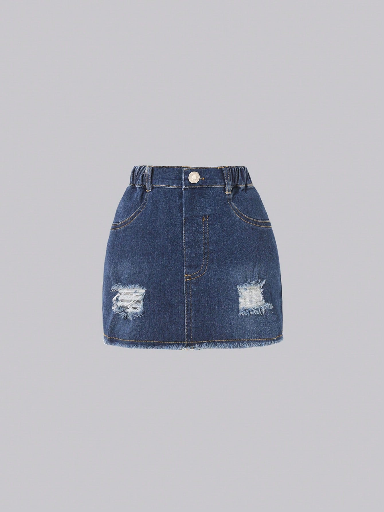 Young Girl Vintage Water Washed Distressed Elastic Denim Skirt