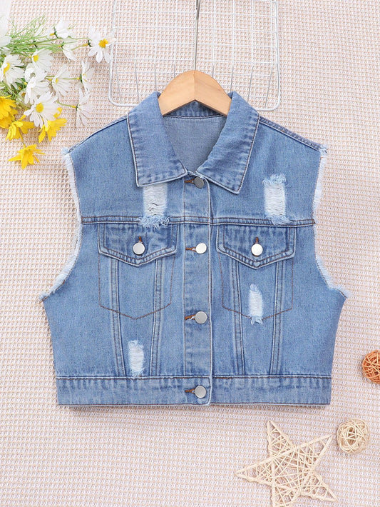 Teen Girl Basic Casual Light Blue Washed Ripped Denim Vest With Frayed Hem