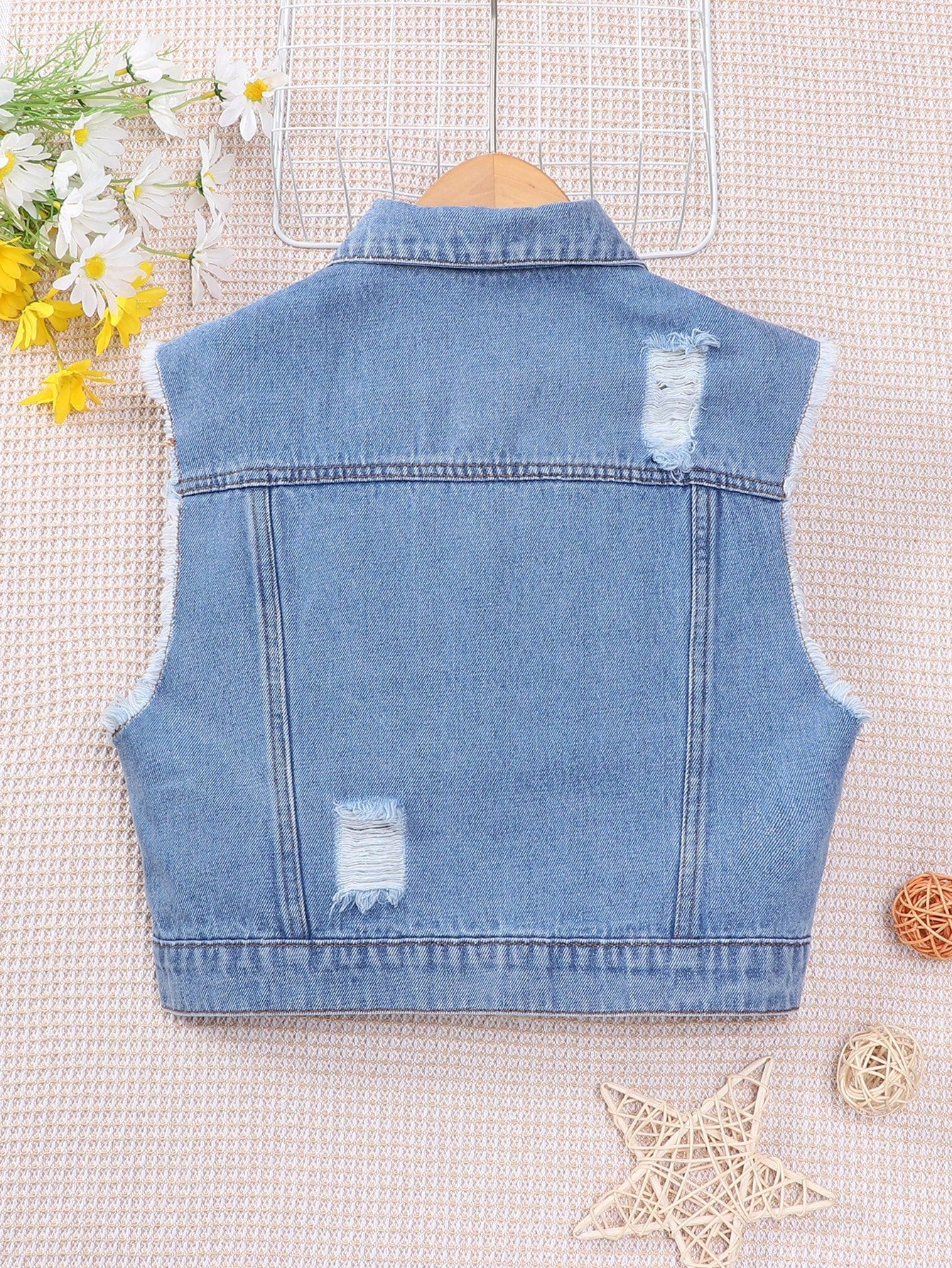 Teen Girl Basic Casual Light Blue Washed Ripped Denim Vest With Frayed Hem