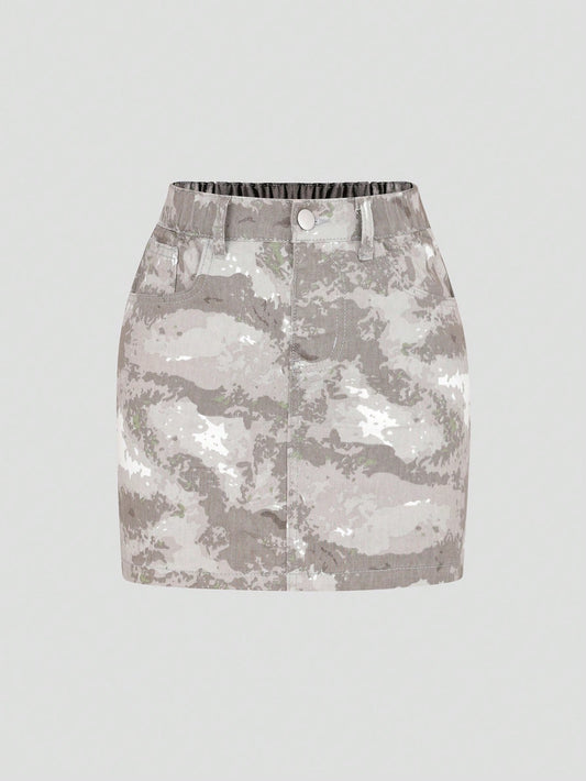 Tween Girls' Retro Personality Street Style Camo Denim Skirt, All-Match Fashion Item