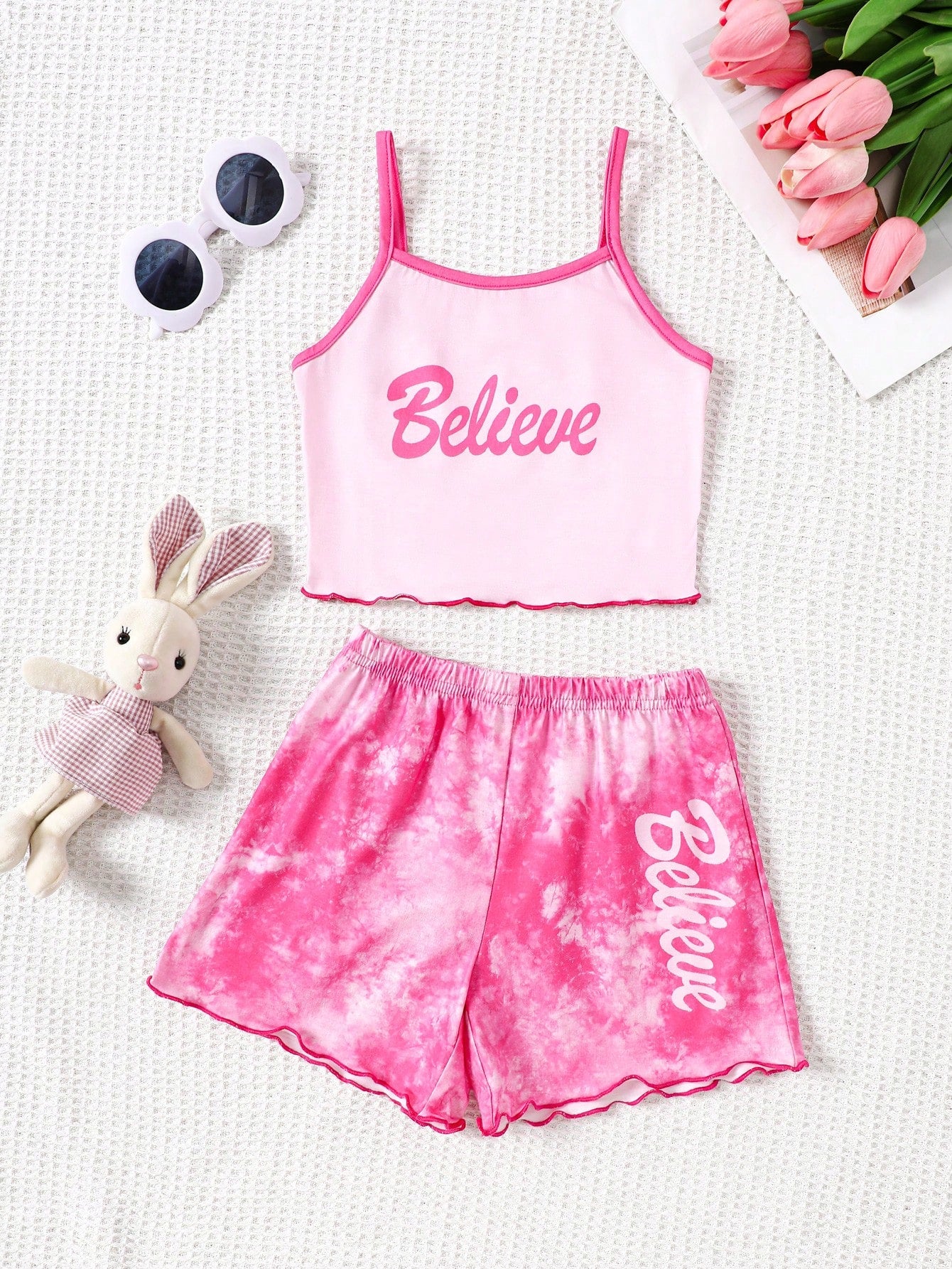 Young Girl Summer Comfortable Tie Dye Letter Pattern Tank Top Shorts Pajamas Set