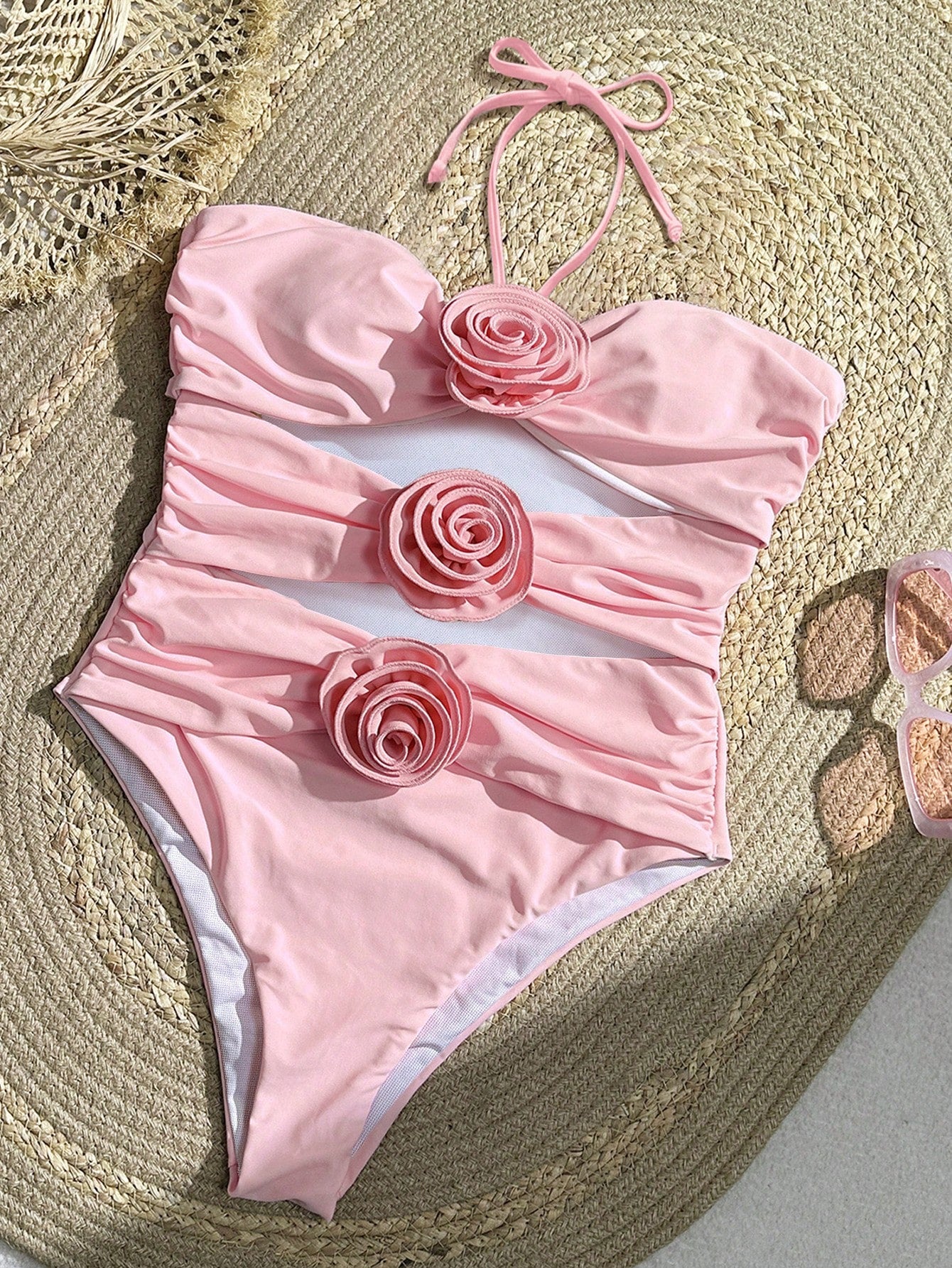 Bikinx Solid Color Halterneck Three-dimensional Flower Sexy One-piece Swimsuit