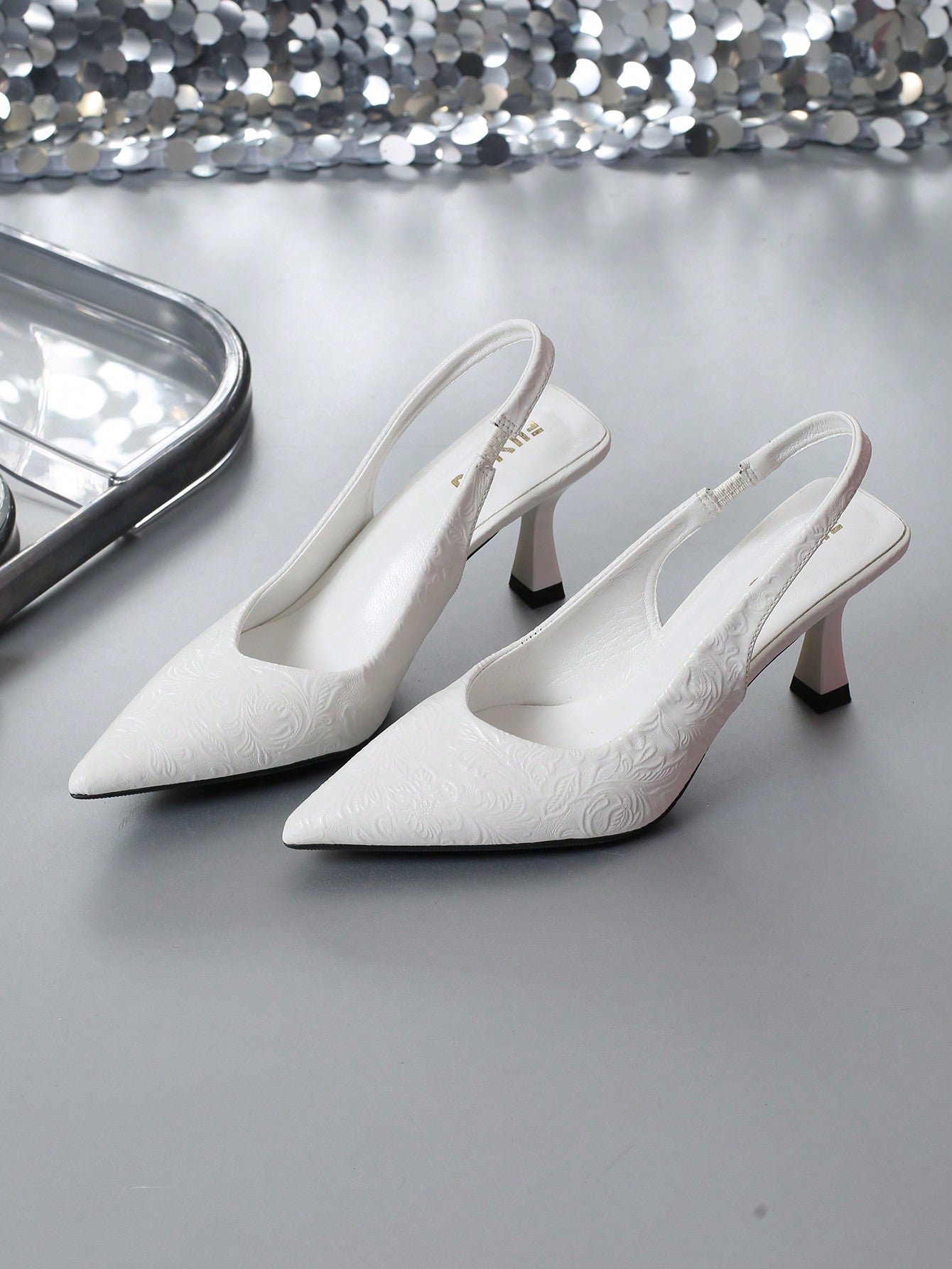 High-Heeled Women's Pumps Stone-Patterned Thin Heels Hollow-Out Back Ankle Strap Pumps