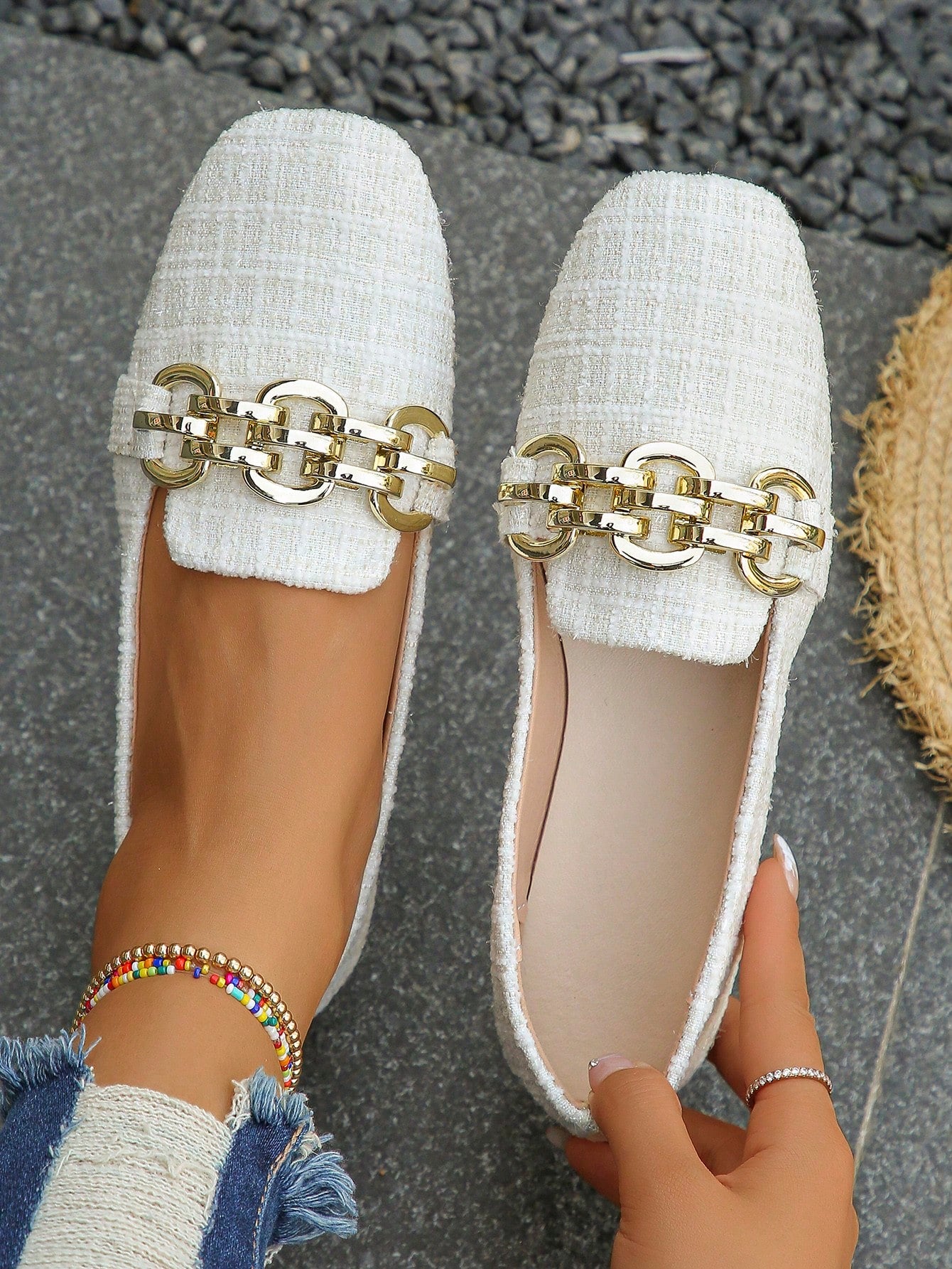 Women New Spring And Autumn Square Toe Casual Shoes With Metal Chain And Fabric Surface, Comfortable Slip-On Loafers, Ladies Flat Shoes