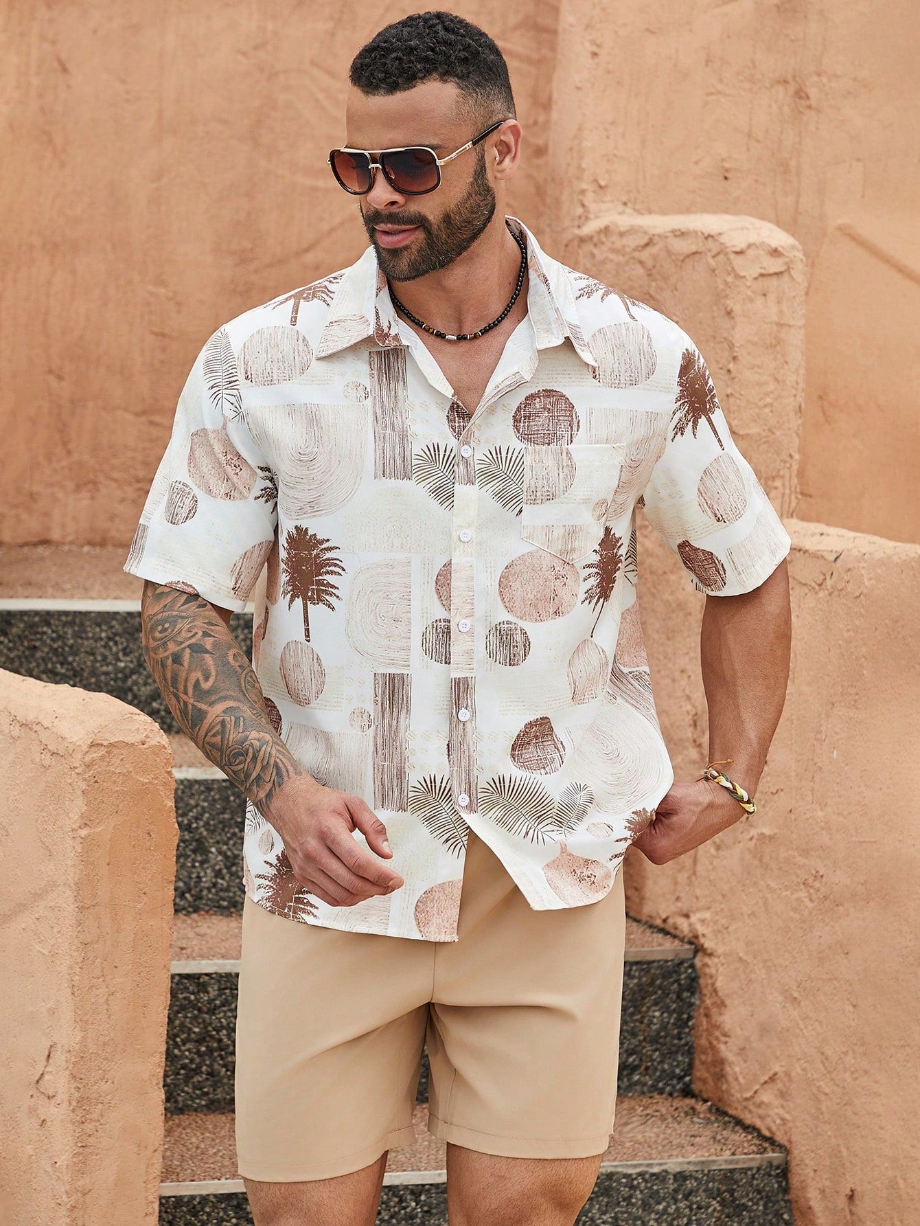 Men Plus Random Printed Short Sleeve Shirt And Shorts Set