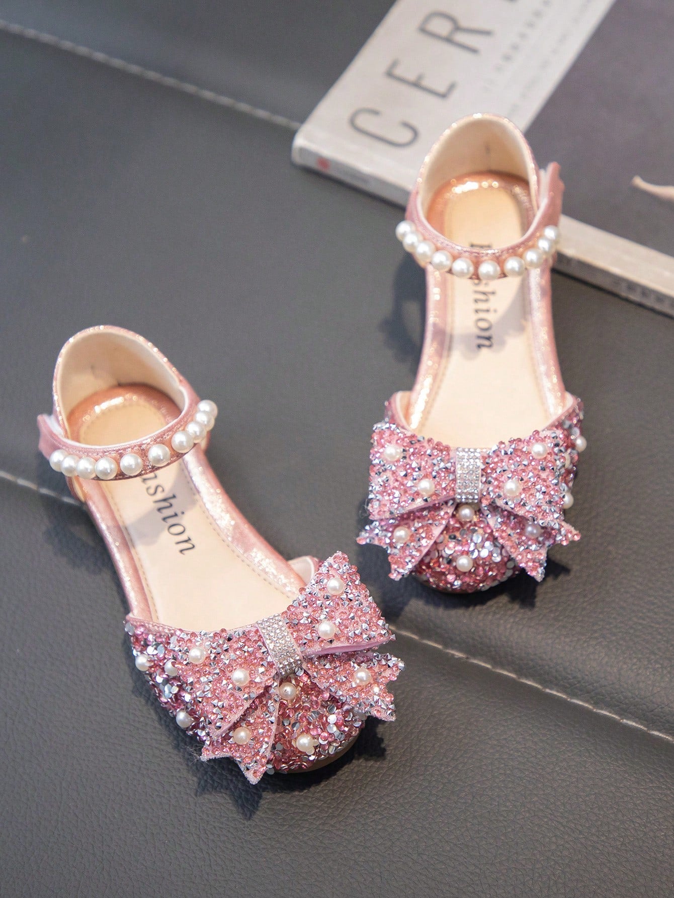 Children Flat Shoes With Rhinestone Bow Embellishment And Glittering Details