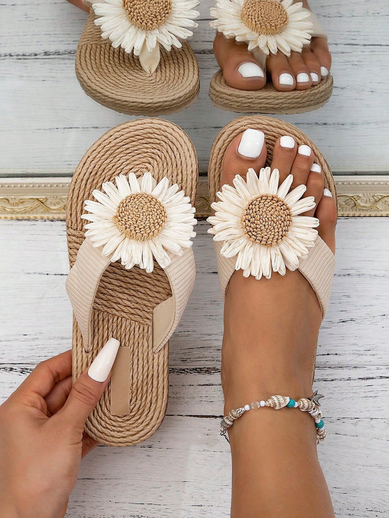 Women Flower Decor Braided Detail Flip Flops, Linen Vacation Flip-Flops